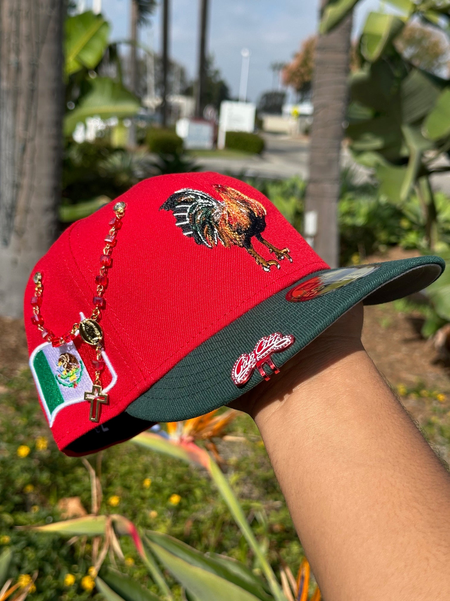 NEW ERA EXCLUSIVE 59FIFTY RED/FOREST GREEN MEXICO "EL GALLO" W/ MEXICO FLAG SIDE PATCH