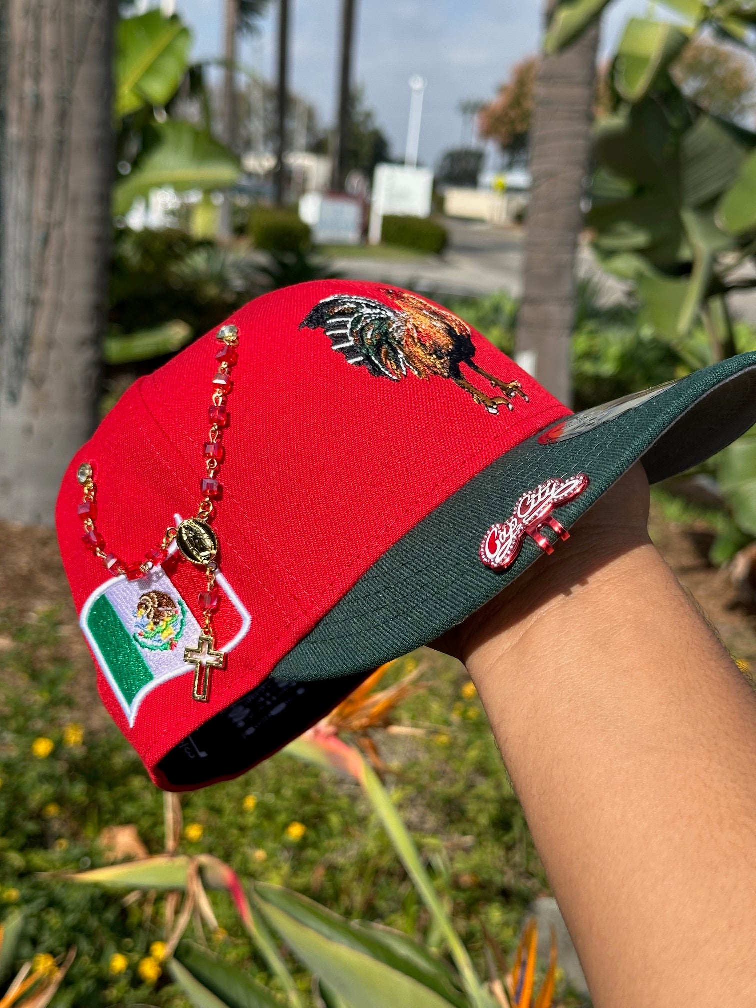 NEW ERA EXCLUSIVE 59FIFTY RED/FOREST GREEN MEXICO "EL GALLO" W/ MEXICO FLAG SIDE PATCH