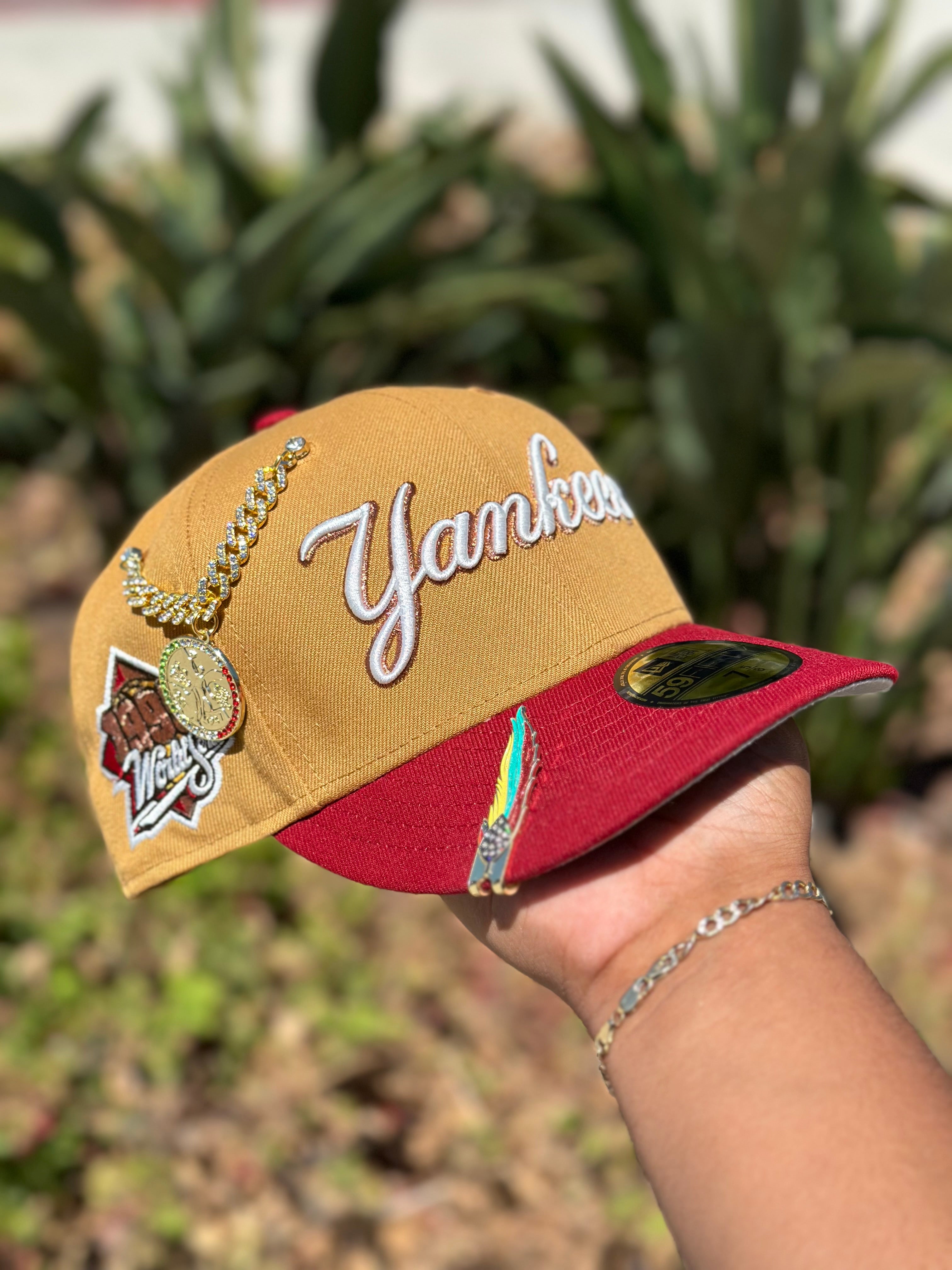 NEW ERA EXCLUSIVE 59FIFTY KHAKI/BURGUNDY RED NEW YORK YANKEES W/ 1999 WORLD SERIES SIDE PATCH