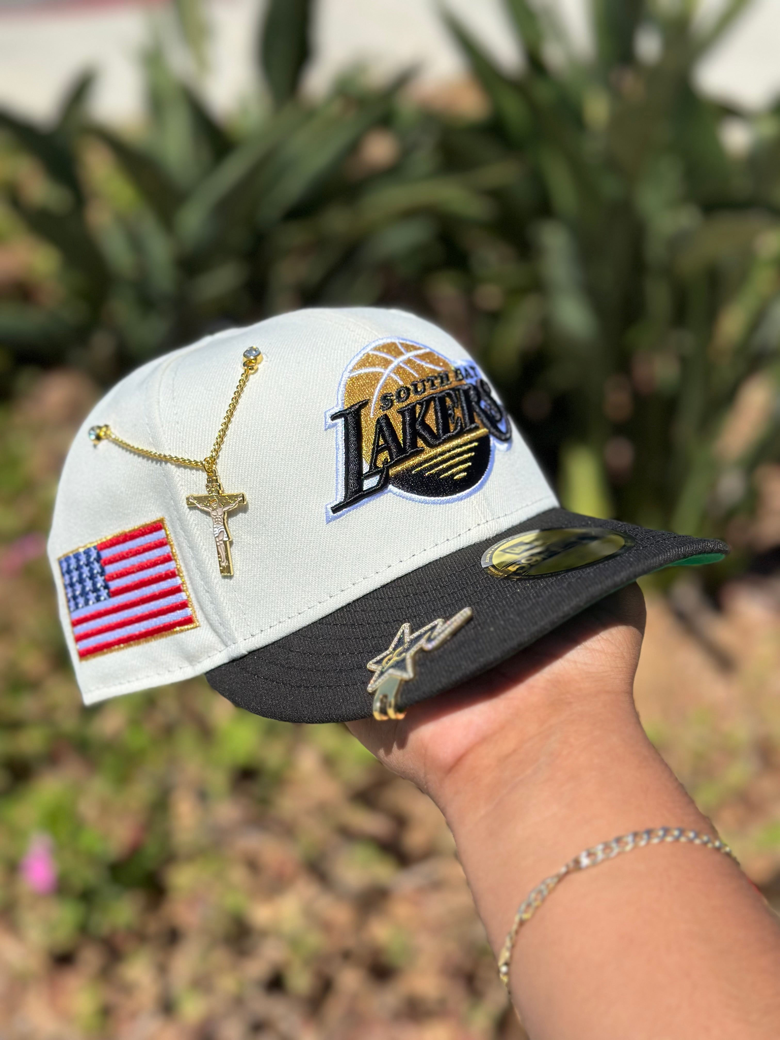 NEW ERA EXCLUSIVE 59FIFTY CHROME WHITE/BLACK "SOUTH BAY LAKERS" W/ AMERICAN FLAG SIDE PATCH