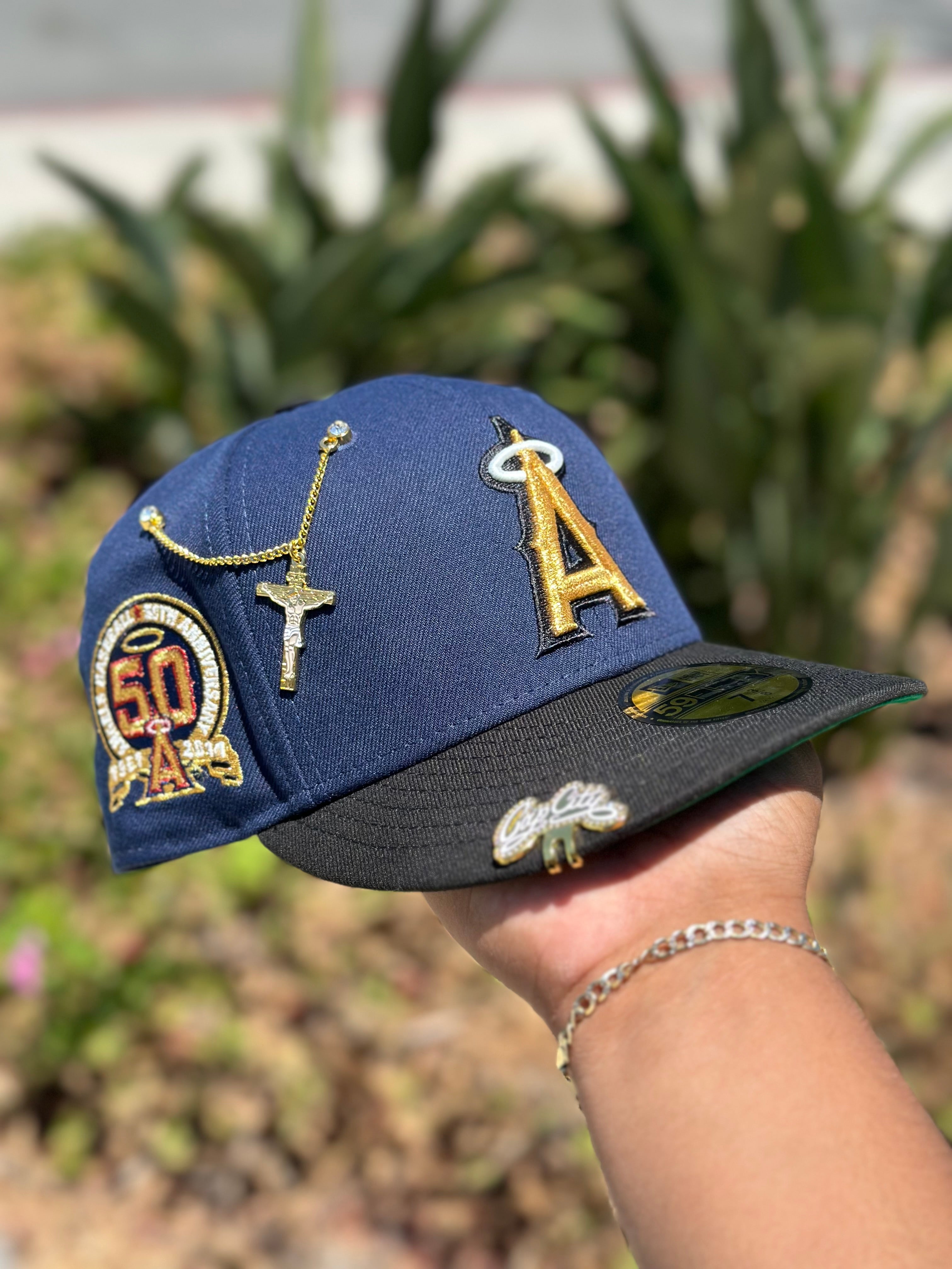 NEW ERA EXCLUSIVE 59FIFTY NAVY/BLACK ANAHEIM ANGELS W/ 50TH ANNIVERSARY SIDE PATCH