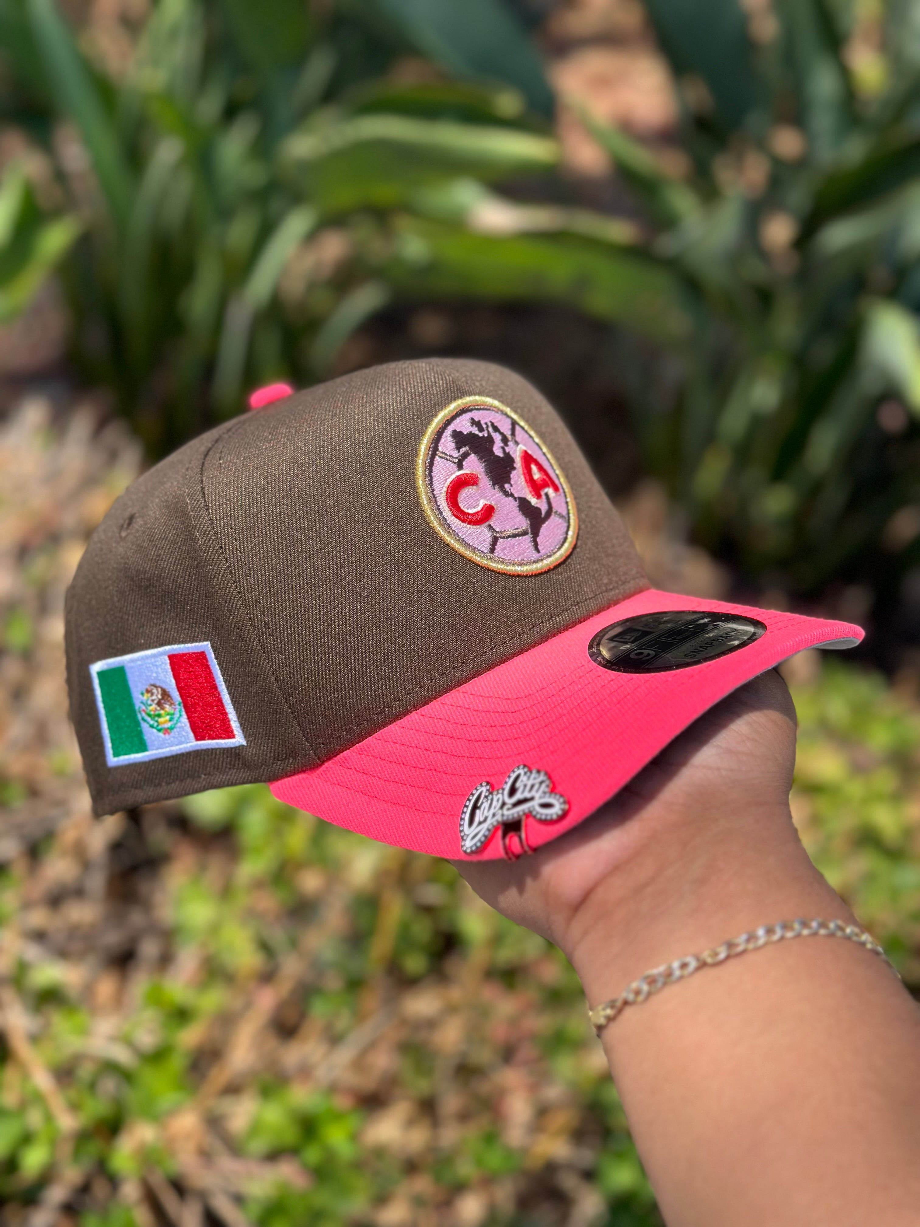 NEW ERA EXCLUSIVE 9FIFTY A-FRAME MOCHA/NEON PINK "CLUB AMERICA" SNAPBACK W/ MEXICO FLAG SIDE PATCH