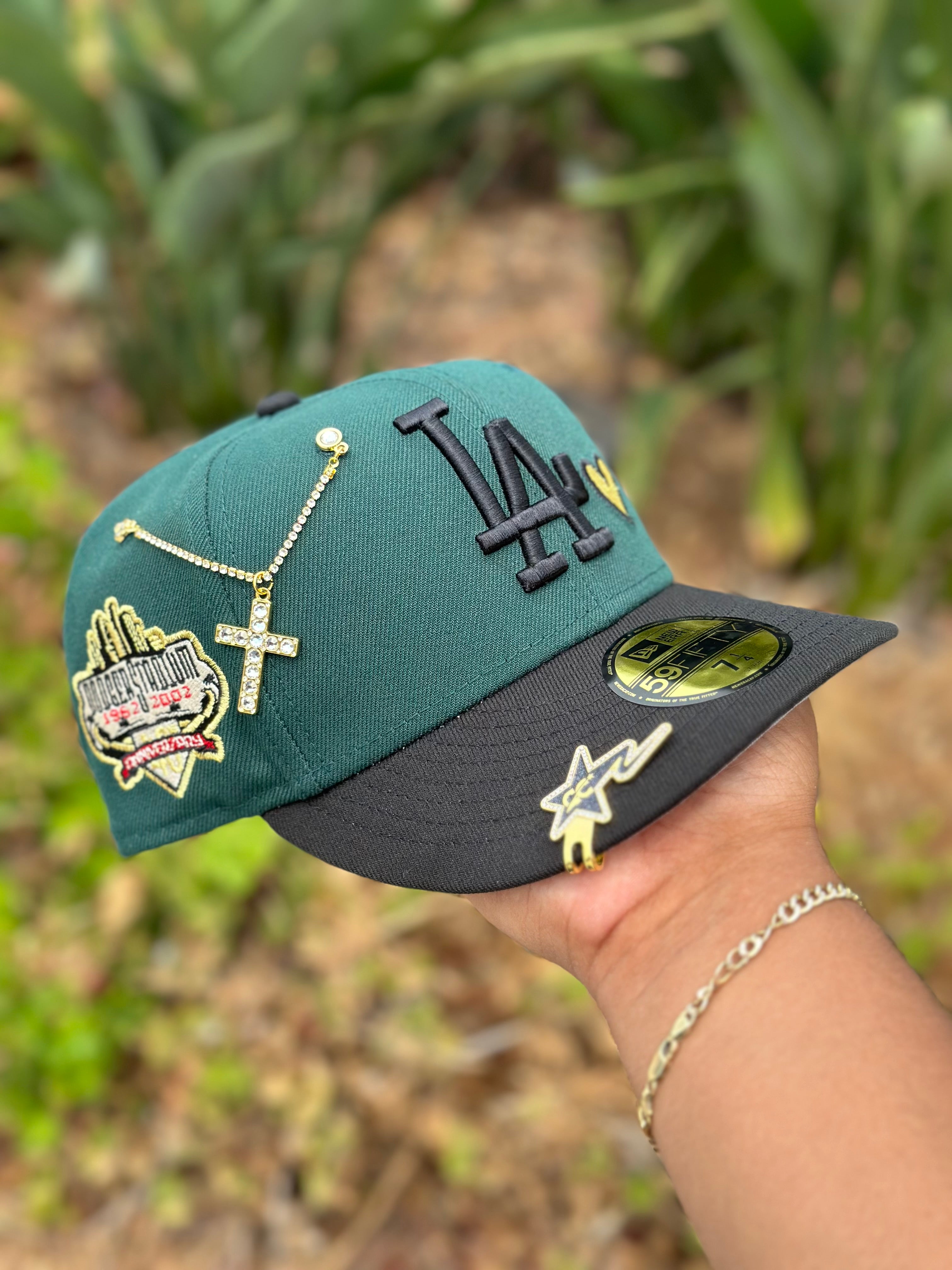 NEW ERA EXCLUSIVE 59FIFTY EMERALD GREEN/BLACK LOS ANGELES DODGERS W/ HEART + 50TH ANNIVERSARY SIDE PATCH