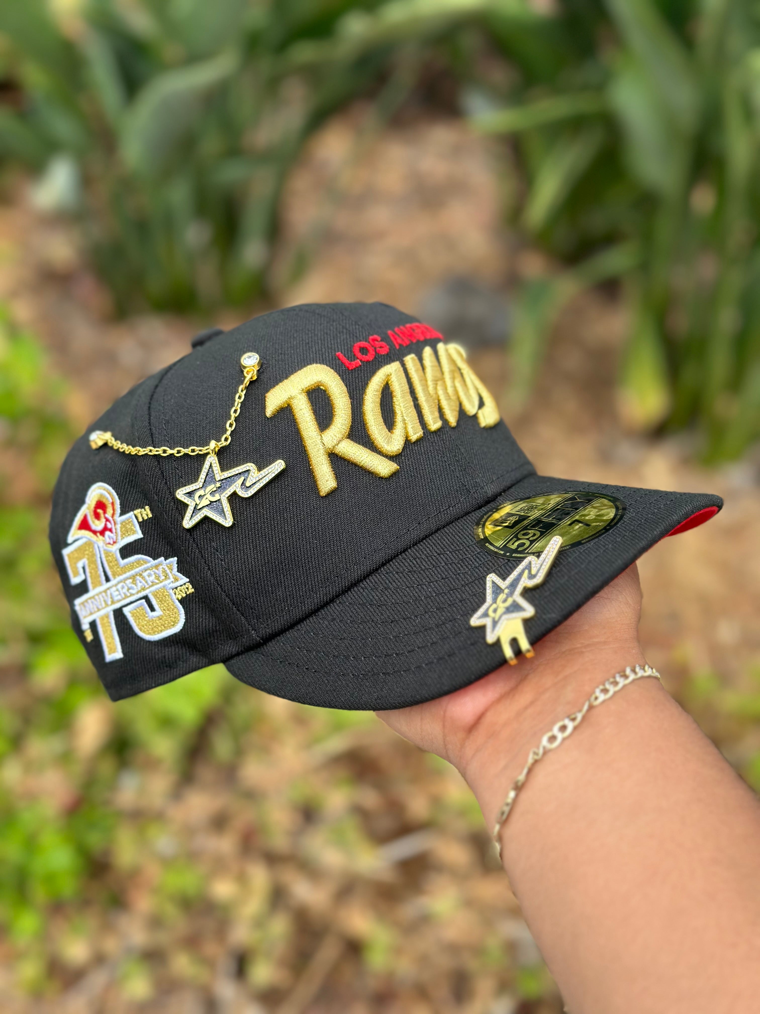 NEW ERA EXCLUSIVE 59FIFTY BLACK LOS ANGLES RAMS SCRIPT W/ 75TH ANNIVERSARYSIDE PATCH