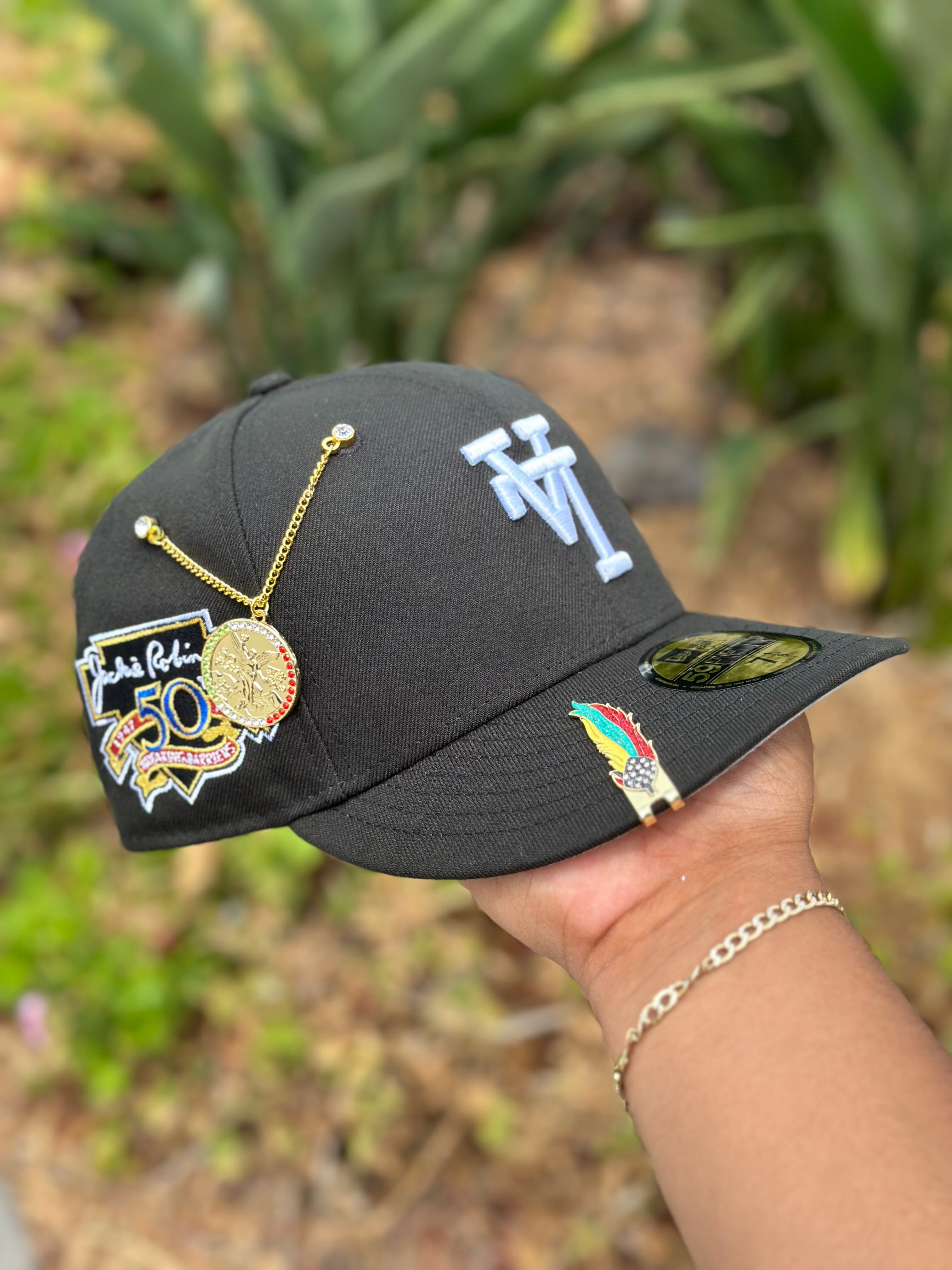 NEW ERA EXCLUSIVE 59FIFTY BLACK UPSIDE DOWN LOS ANGELES DODGERS W/ 50TH ANNIVERSARY SIDE PATCH