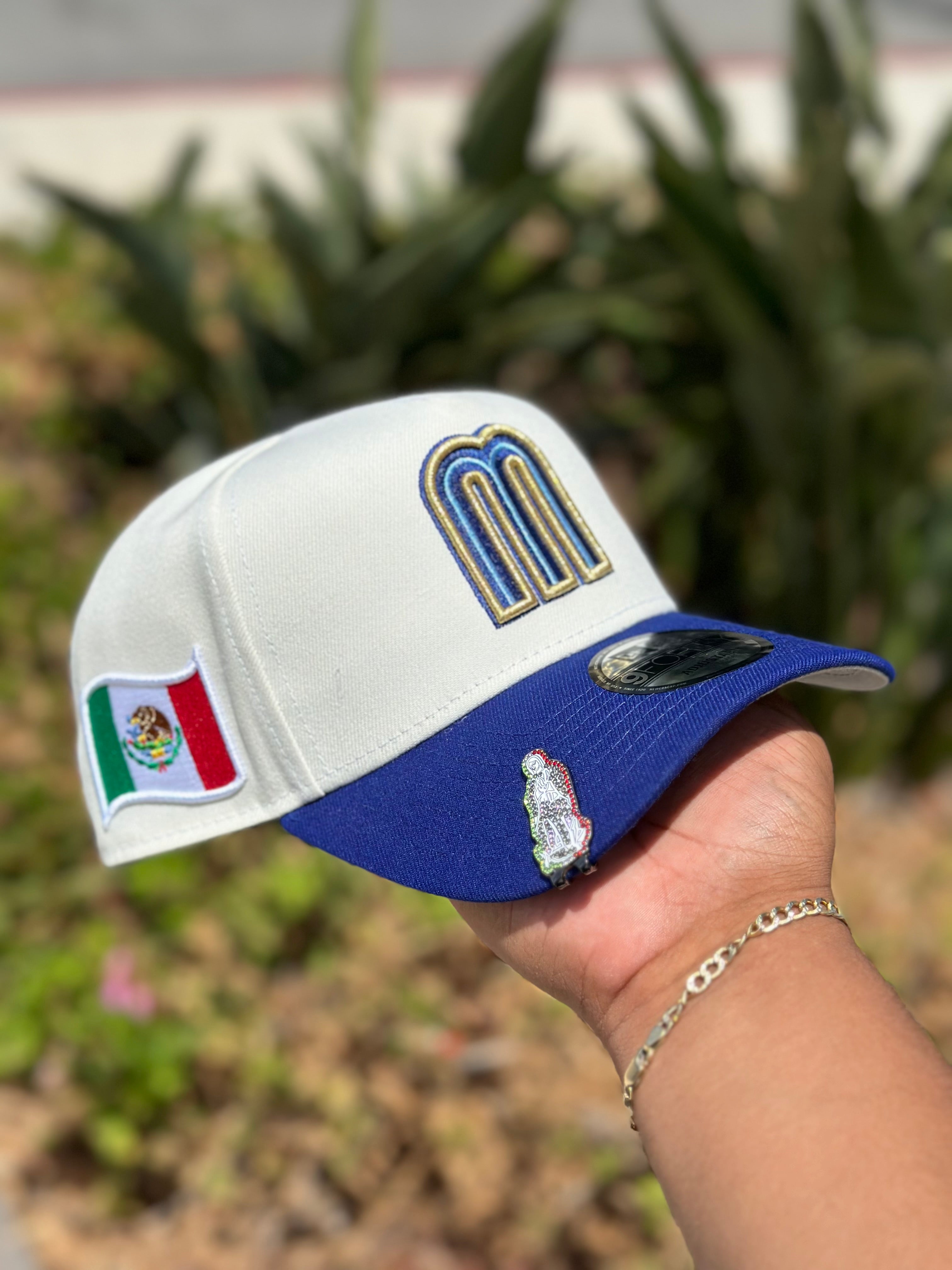 NEW ERA EXCLUSIVE 9FORTY CHROME WHITE/BLUE MEXICO A-FRAME ADJUSTABLE W/ MEXICO FLAG SIDE PATCH