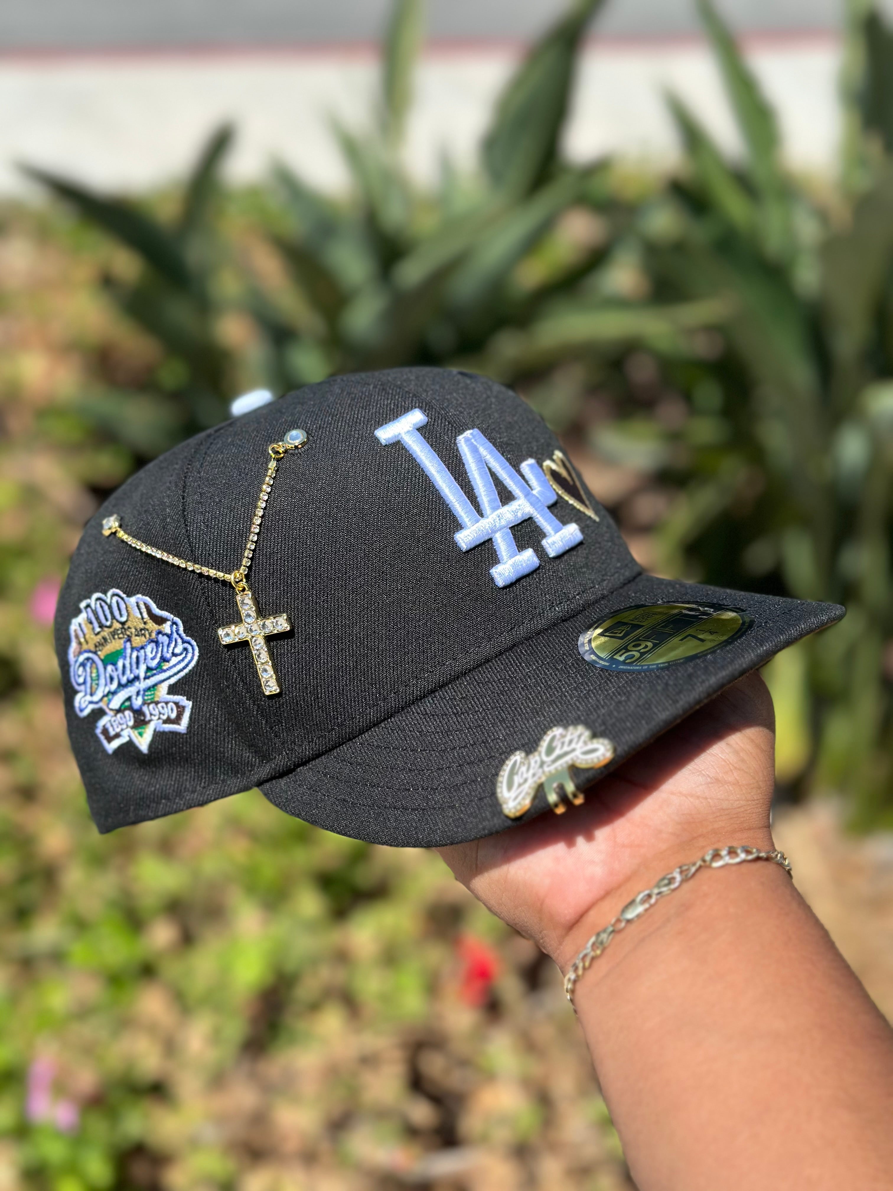 NEW ERA EXCLUSIVE 59FIFTY BLACK LOS ANGELES DODGERS W/ MOCHA HEART + 100TH ANNIVERSARY SIDE PATCH