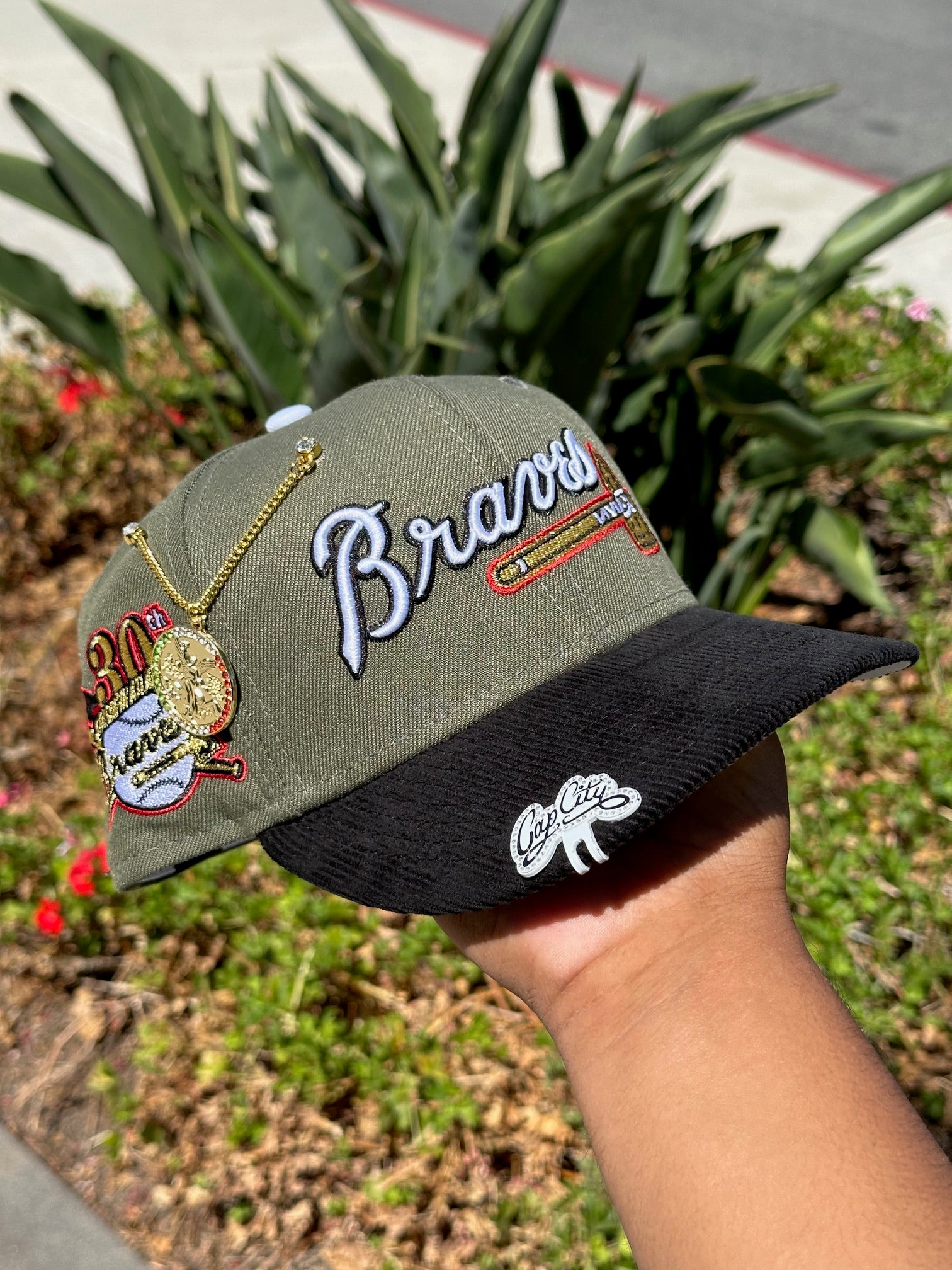 NEW ERA 59FIFTY DARK GREEN/CORDUROY ATLANTA BRAVES SCRIPT W/ 30TH ANNIVERSARY SIDE PATCH