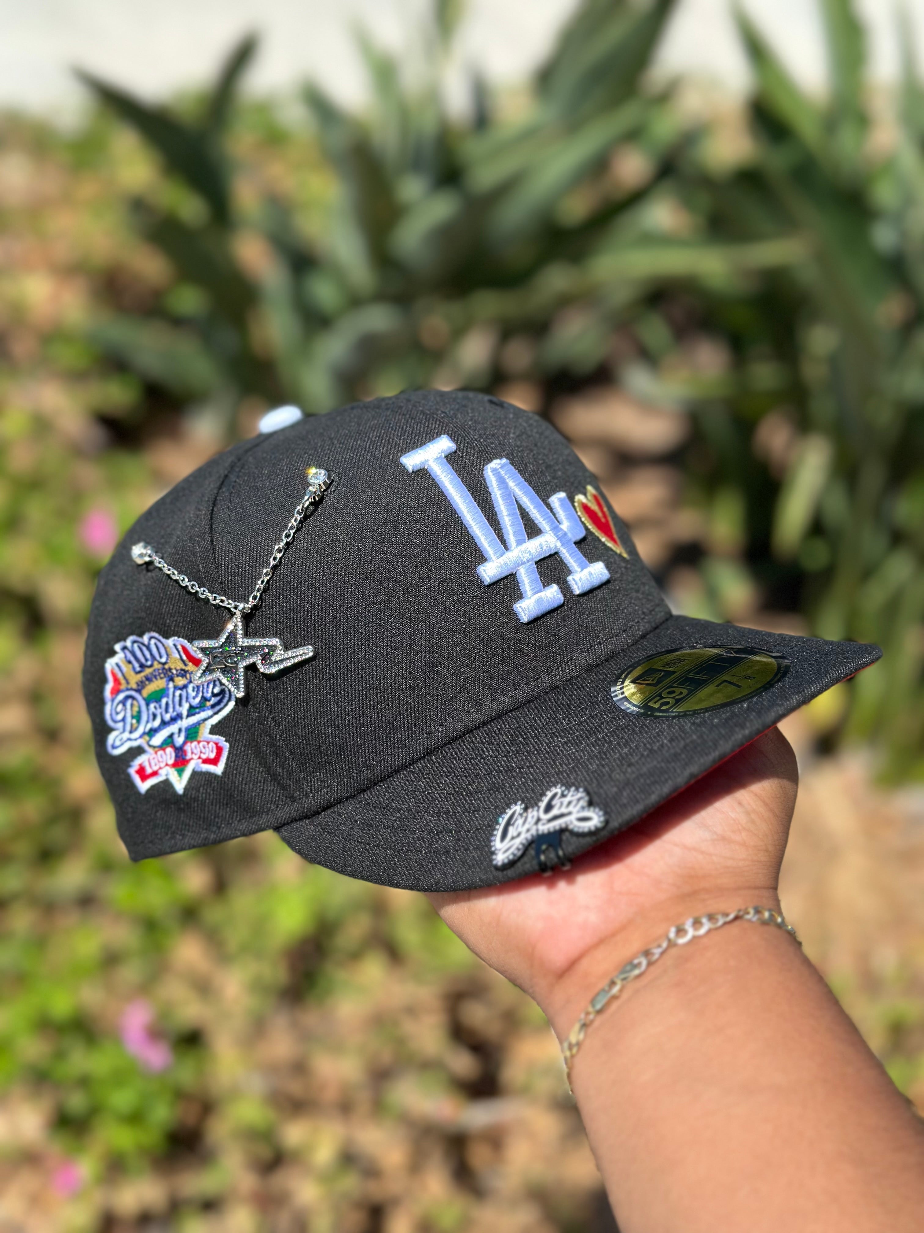 NEW ERA EXCLUSIVE 59FIFTY BLACK LOS ANGELES DODGERS W/ RED HEART + 100TH ANNIVERSARY SIDE PATCH
