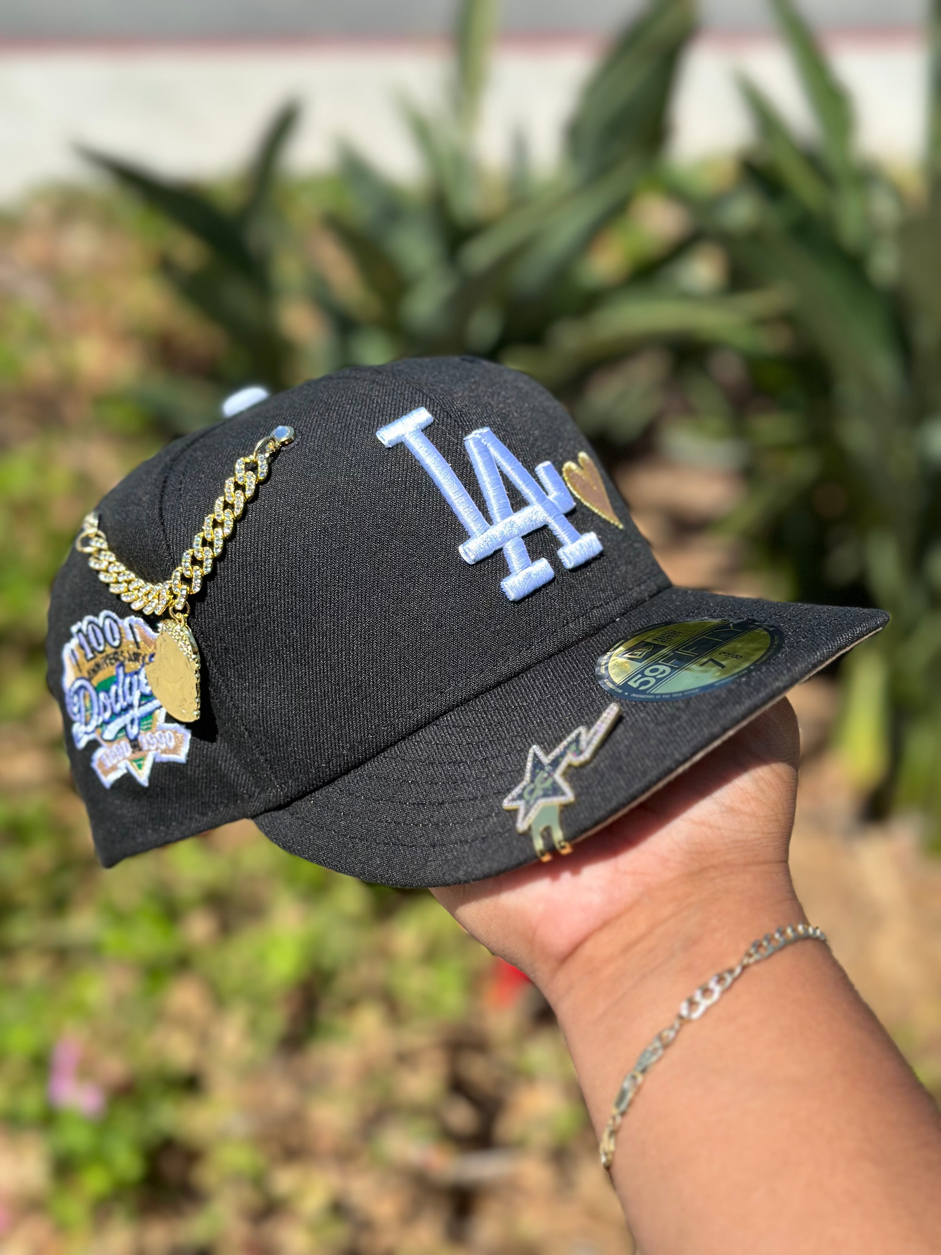 NEW ERA EXCLUSIVE 59FIFTY BLACK LOS ANGELES DODGERS W/ BROWN HEART + 100TH ANNIVERSARY SIDE PATCH