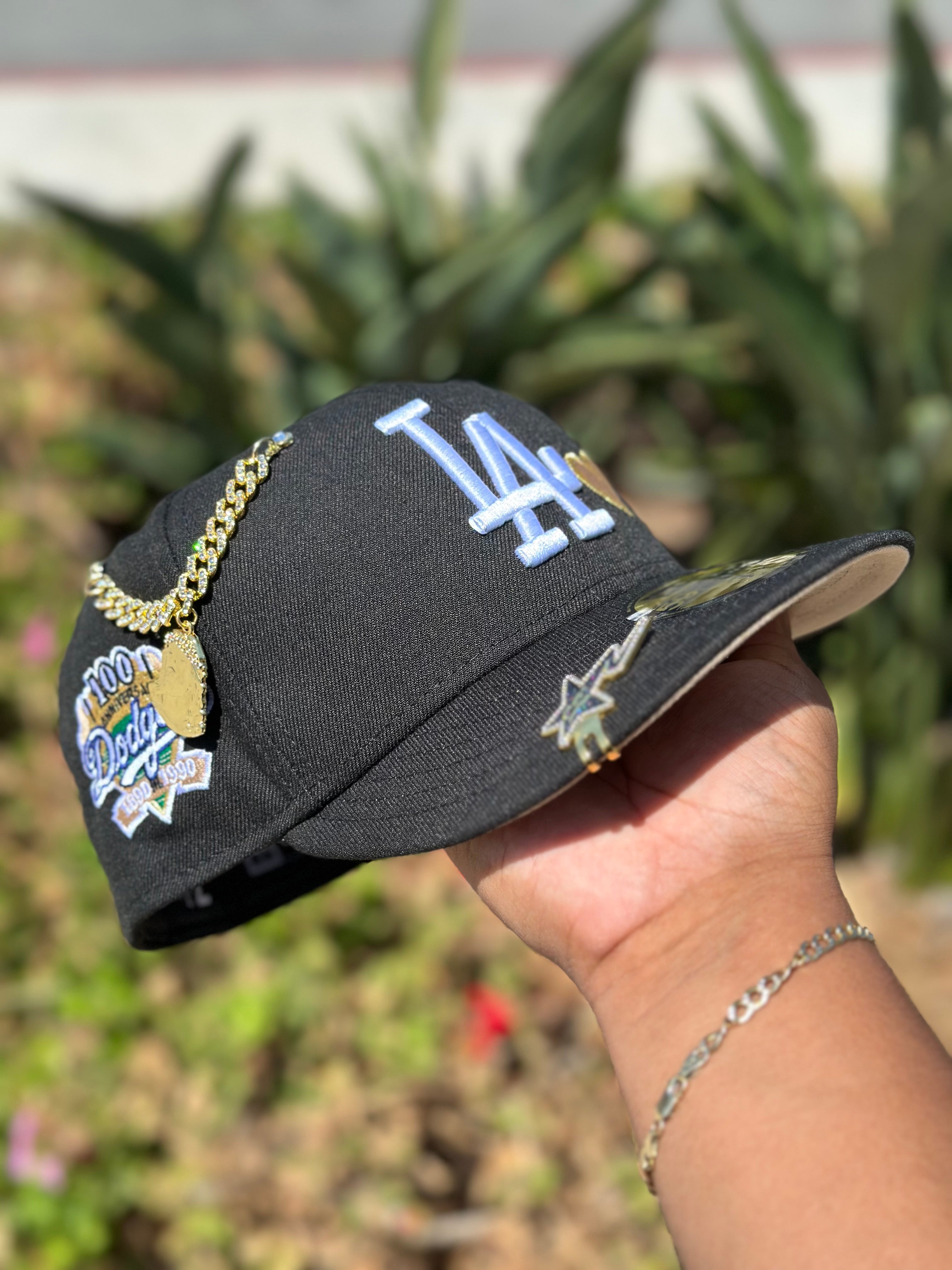 NEW ERA EXCLUSIVE 59FIFTY BLACK LOS ANGELES DODGERS W/ BROWN HEART + 100TH ANNIVERSARY SIDE PATCH