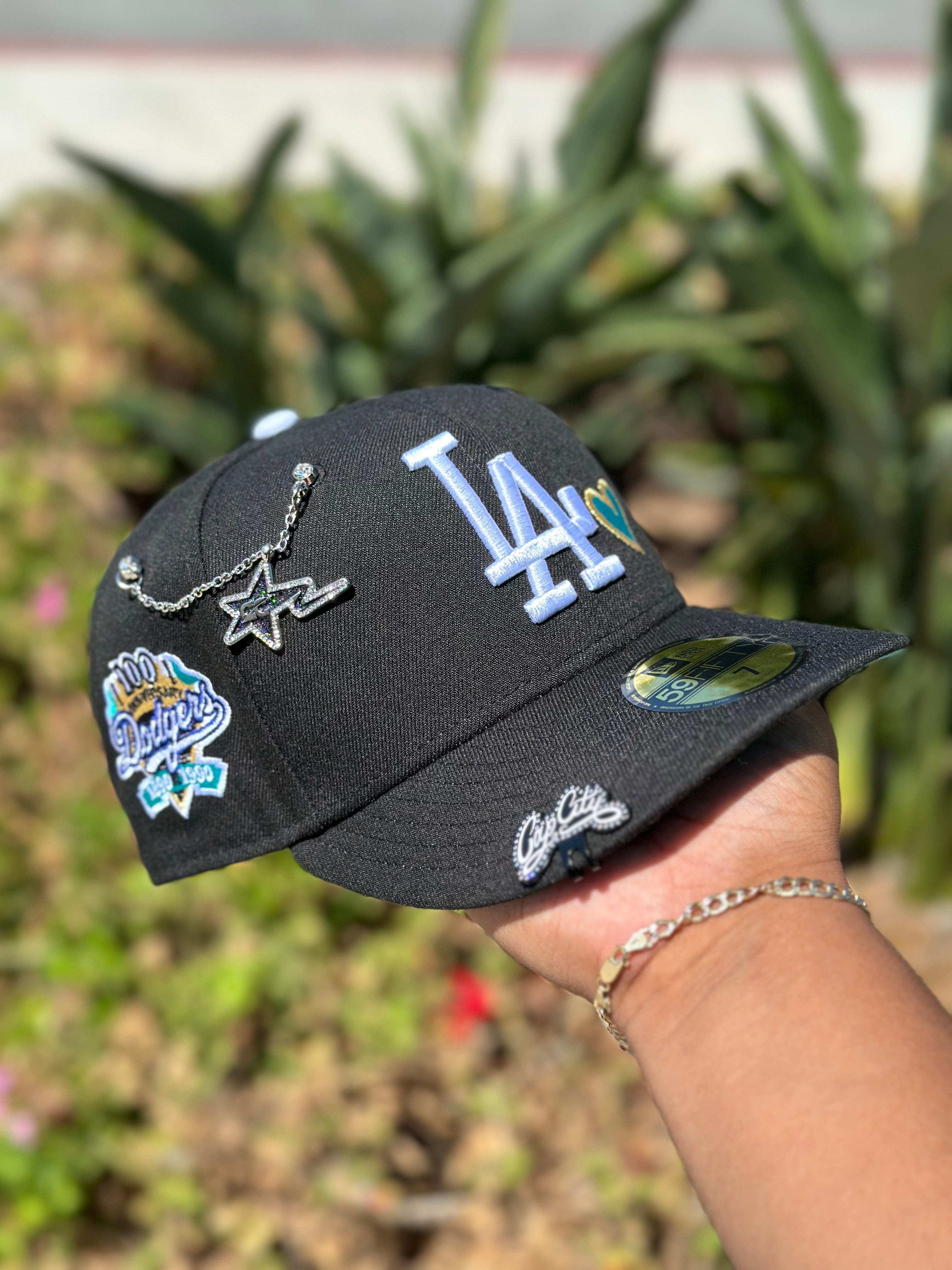 NEW ERA EXCLUSIVE 59FIFTY BLACK LOS ANGELES DODGERS W/ TURQUOISE HEART + 100TH ANNIVERSARY SIDE PATCH