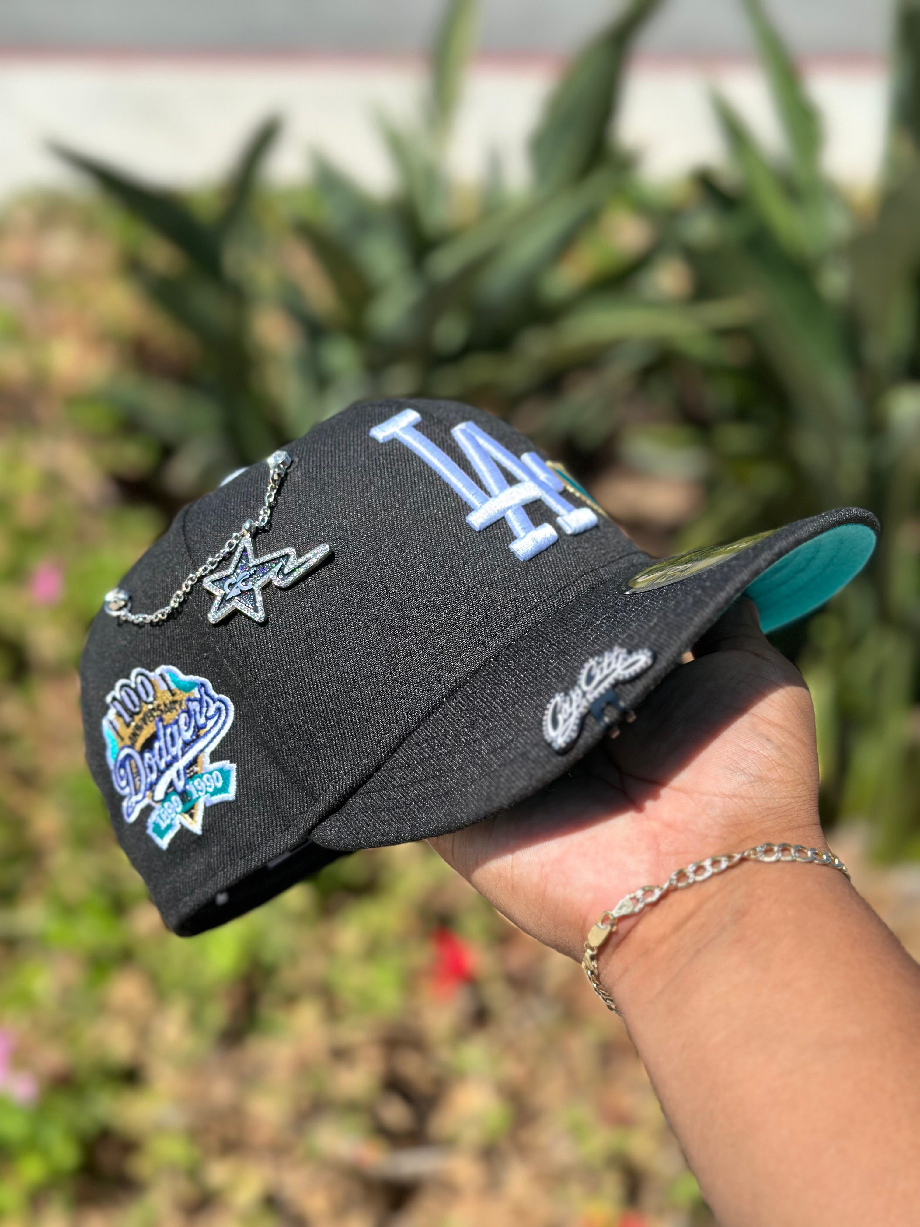 NEW ERA EXCLUSIVE 59FIFTY BLACK LOS ANGELES DODGERS W/ TURQUOISE HEART + 100TH ANNIVERSARY SIDE PATCH