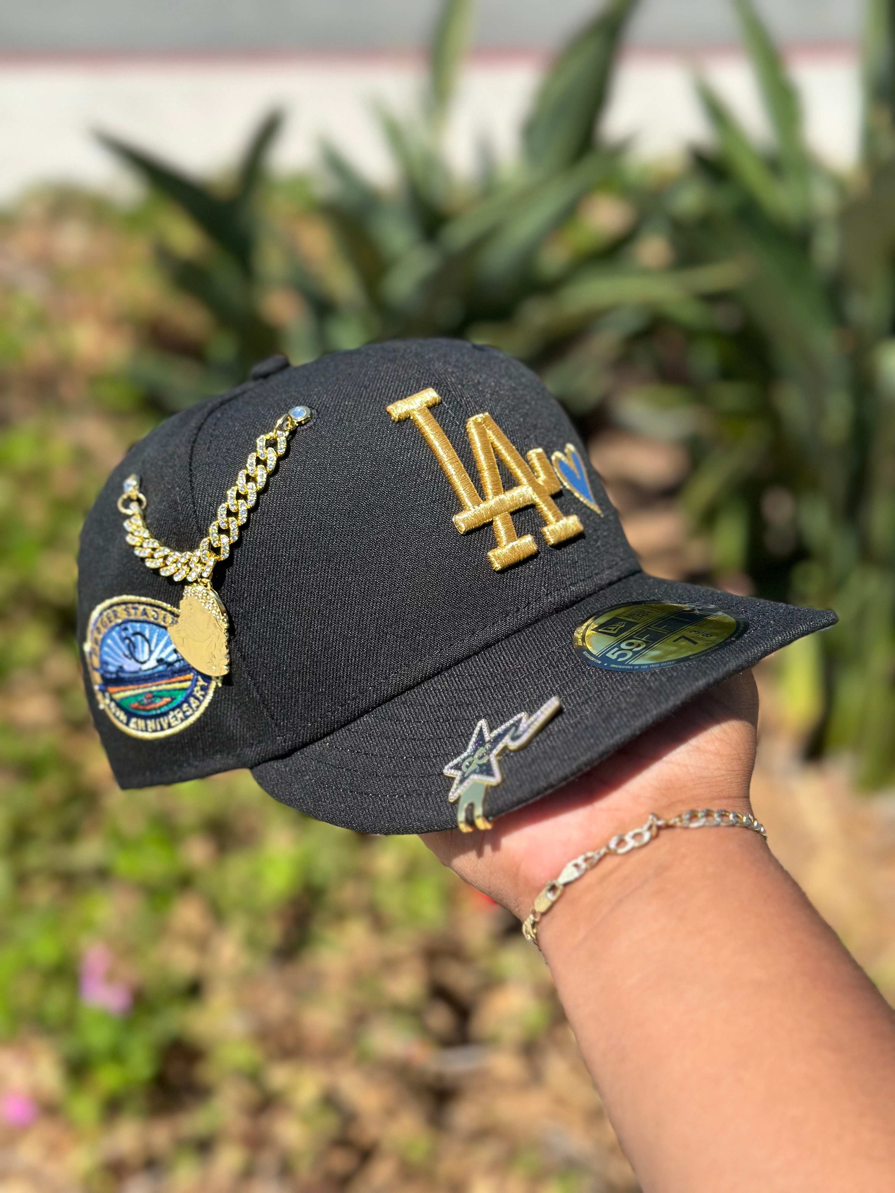 NEW ERA EXCLUSIVE 59FIFTY BLACK LOS ANGELES DODGERS W/ ICY HEART + 50TH ANNIVERSARY SIDE PATCH