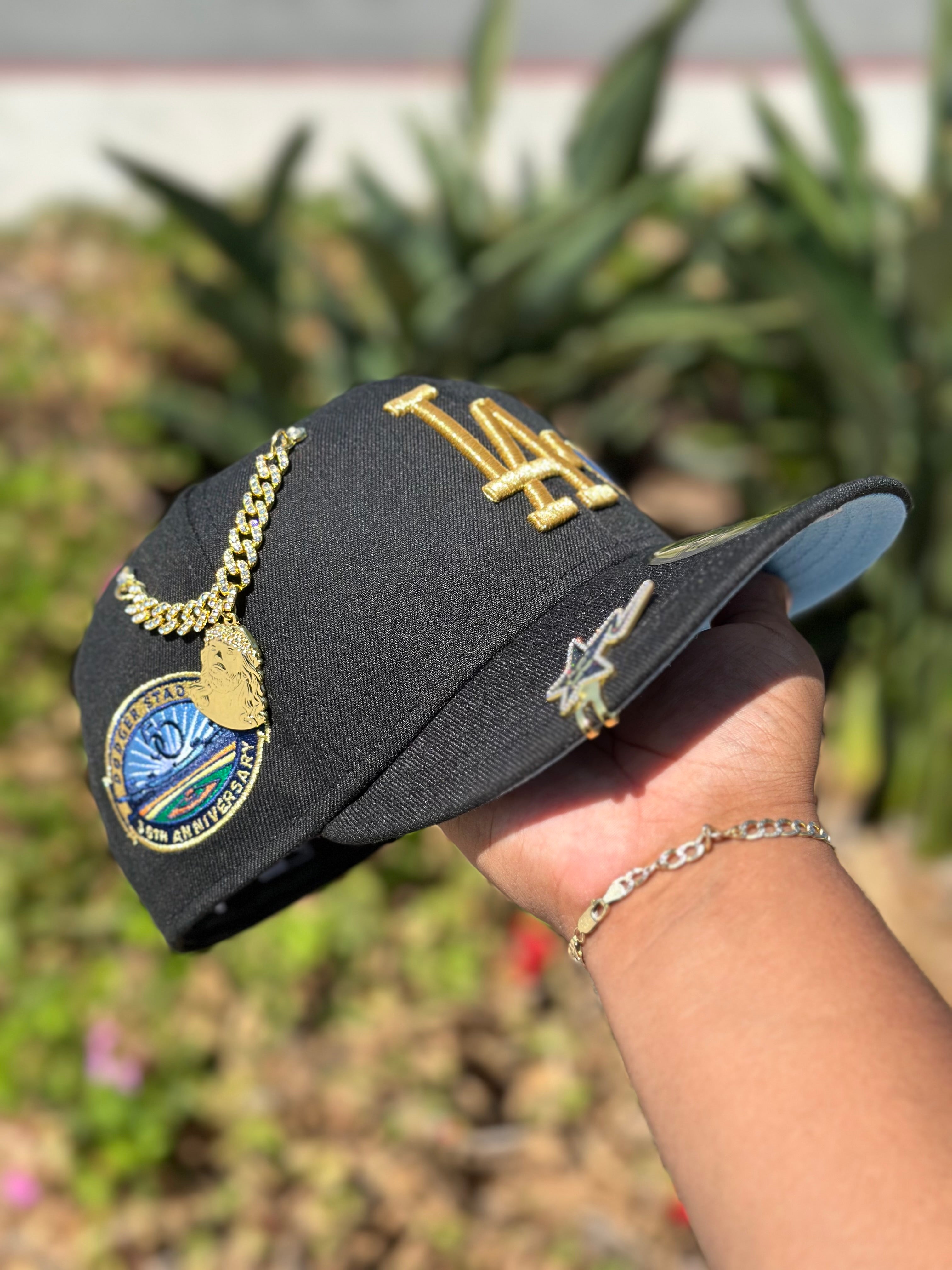 NEW ERA EXCLUSIVE 59FIFTY BLACK LOS ANGELES DODGERS W/ ICY HEART + 50TH ANNIVERSARY SIDE PATCH