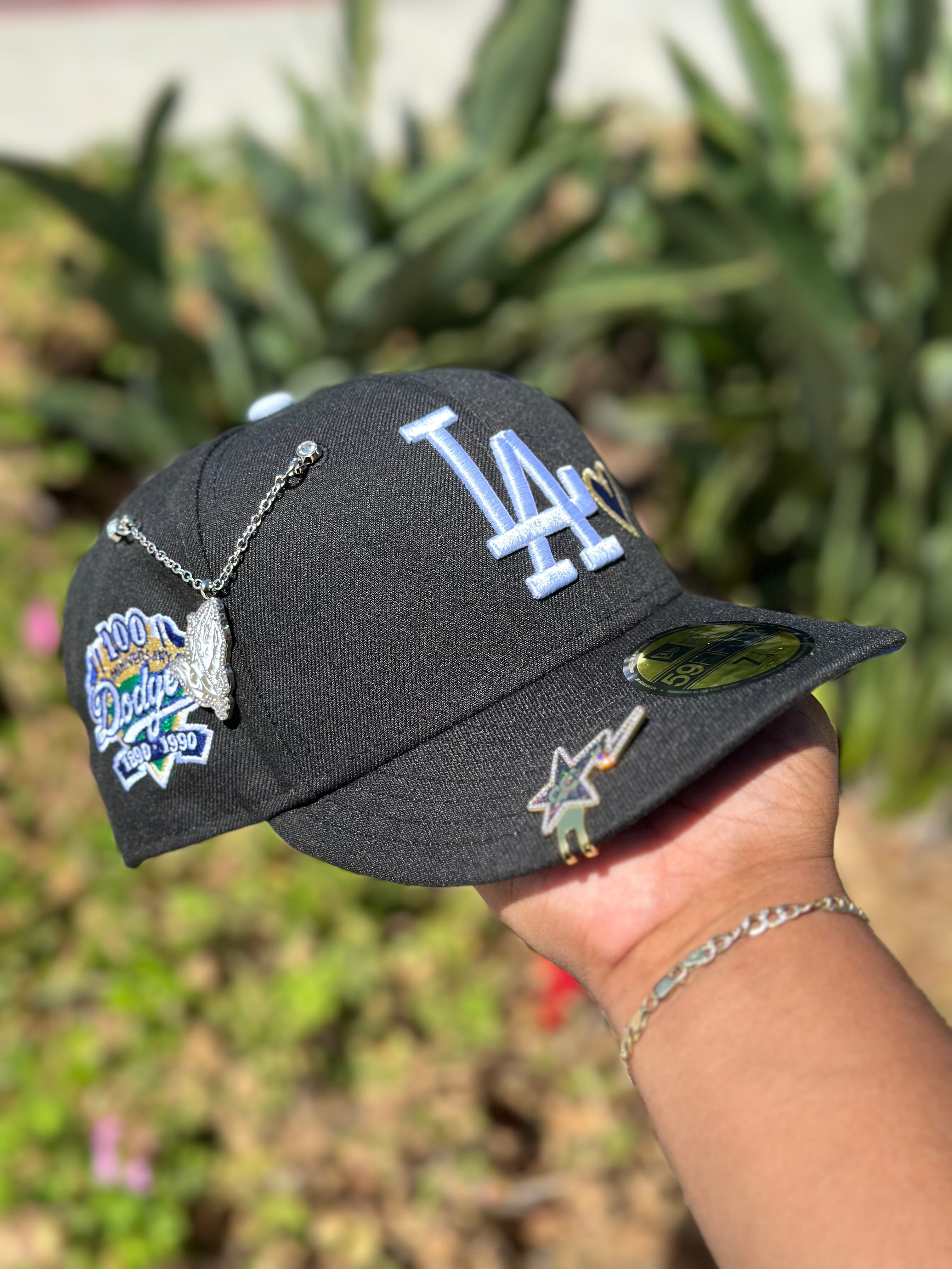 NEW ERA EXCLUSIVE 59FIFTY BLACK LOS ANGELES DODGERS W/ DARK BLUE HEART + 100TH ANNIVERSARY SIDE PATCH
