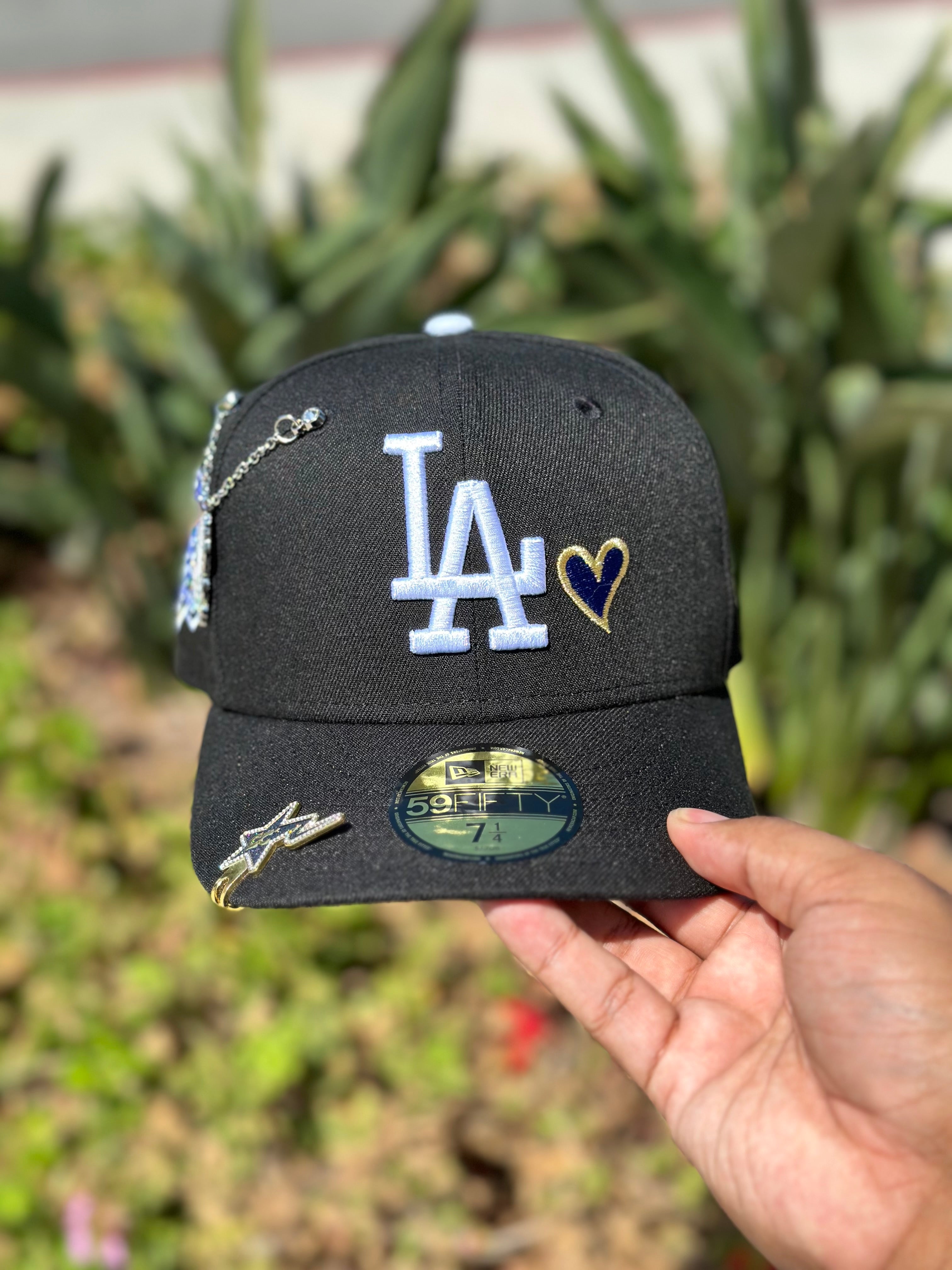 NEW ERA EXCLUSIVE 59FIFTY BLACK LOS ANGELES DODGERS W/ DARK BLUE HEART + 100TH ANNIVERSARY SIDE PATCH