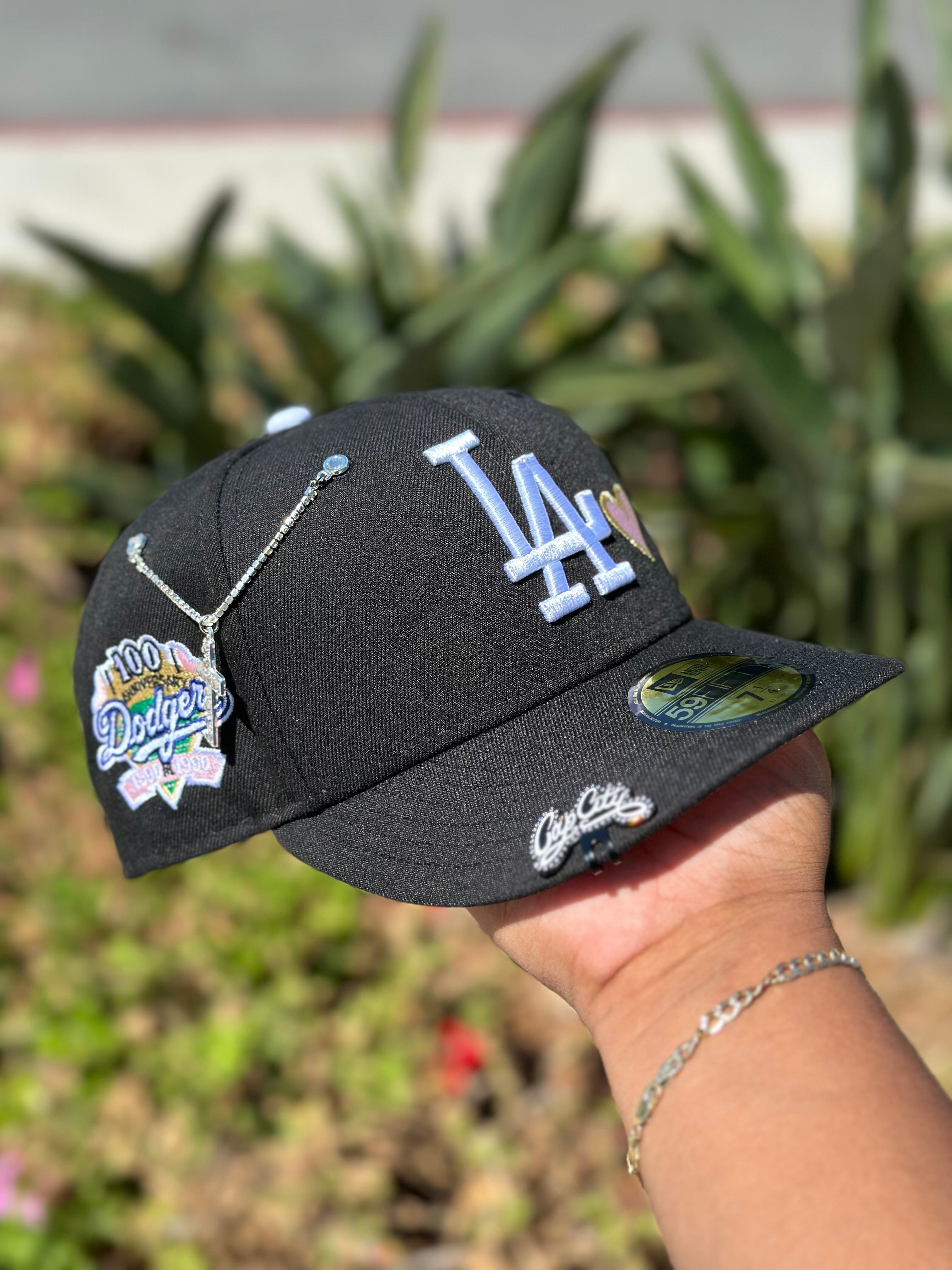 NEW ERA EXCLUSIVE 59FIFTY BLACK LOS ANGELES DODGERS W/ PINK HEART + 100TH ANNIVERSARY SIDE PATCH
