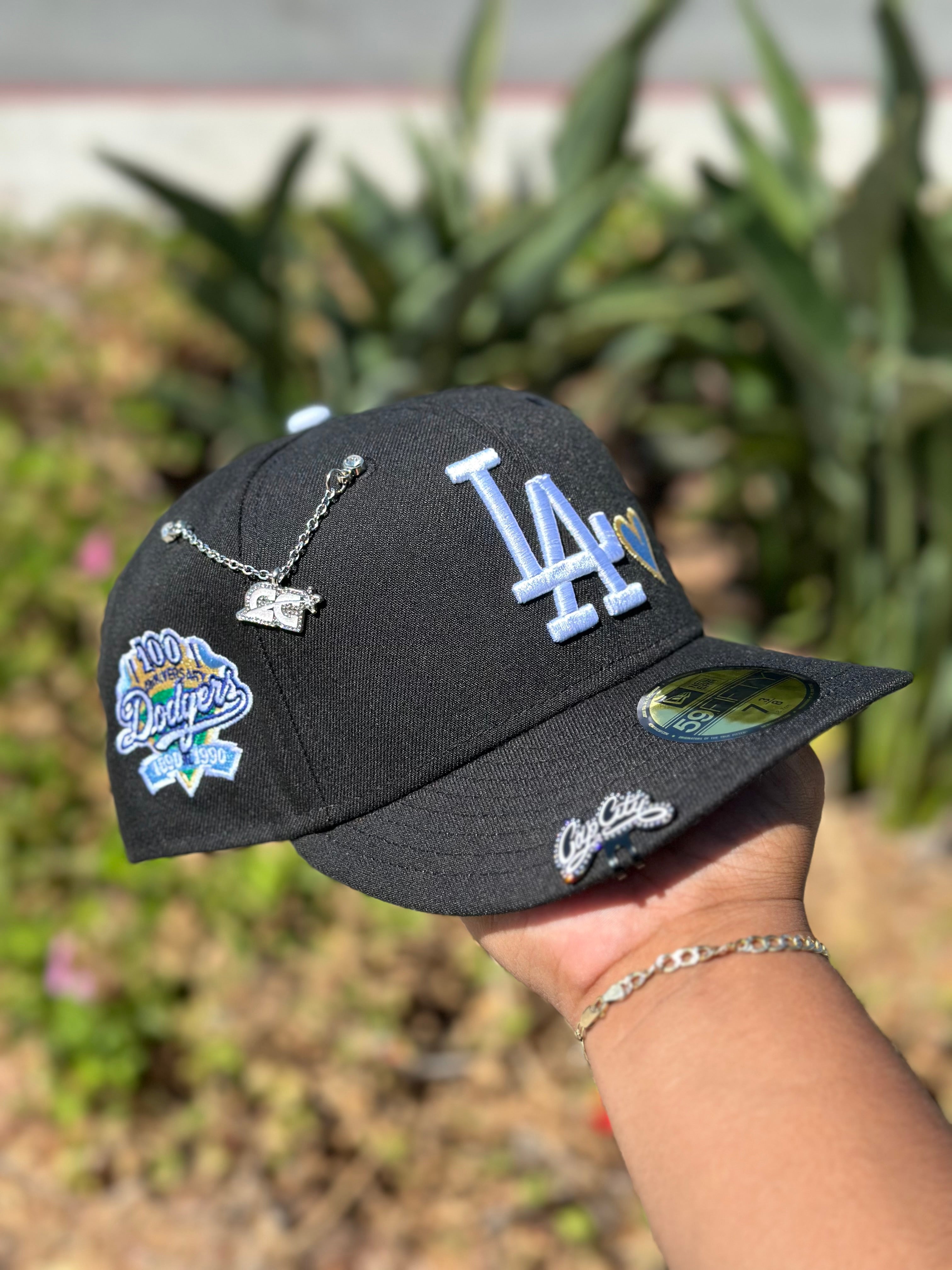 NEW ERA EXCLUSIVE 59FIFTY BLACK LOS ANGELES DODGERS W/ ICY HEART + 100TH ANNIVERSARY SIDE PATCH
