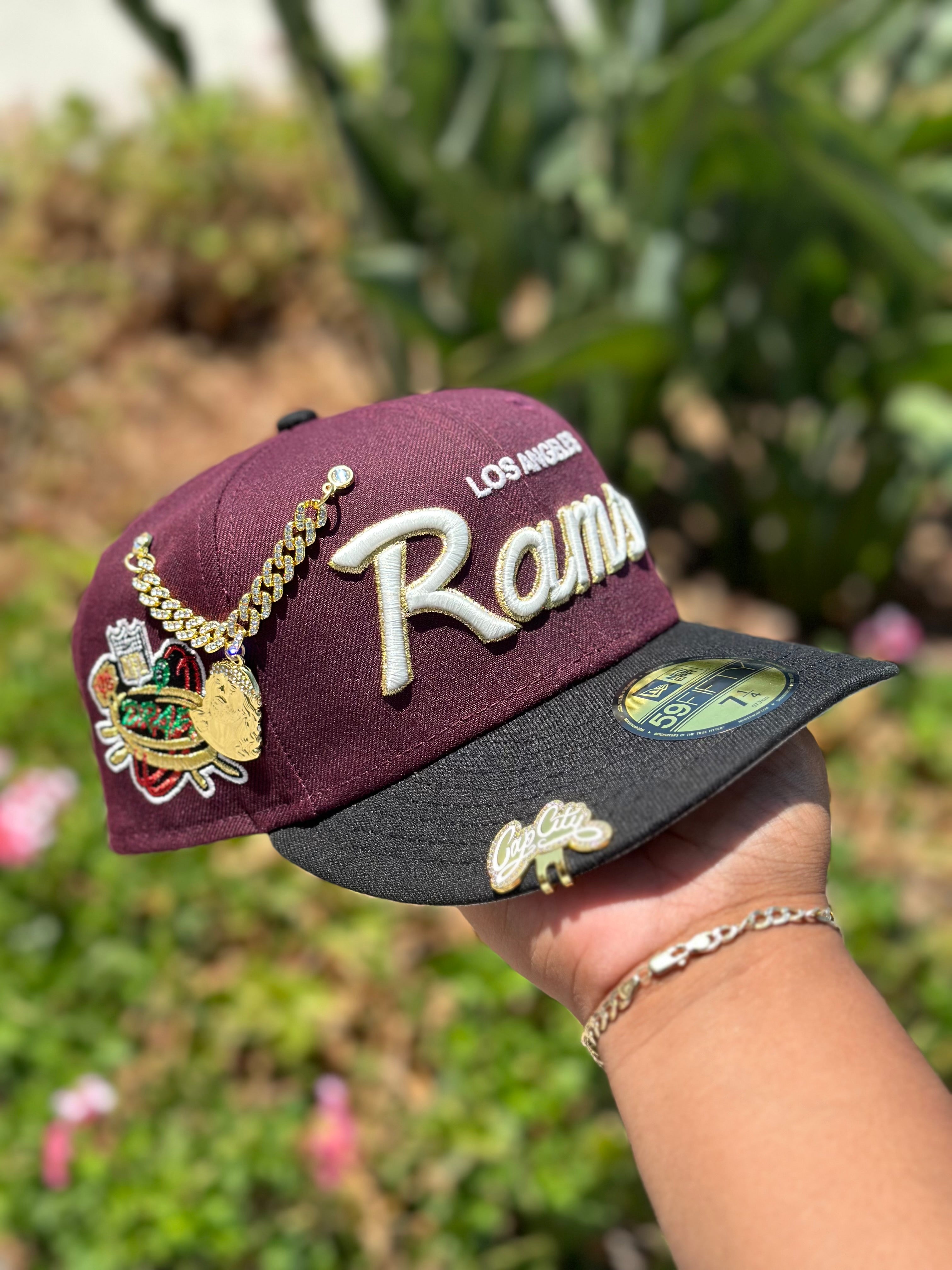 NEW ERA EXCLUSIVE 59FIFTY BURGUNDY/BLACK LOS ANGLES RAMS SCRIPT W/ "NFL DRAFT" SIDE PATCH