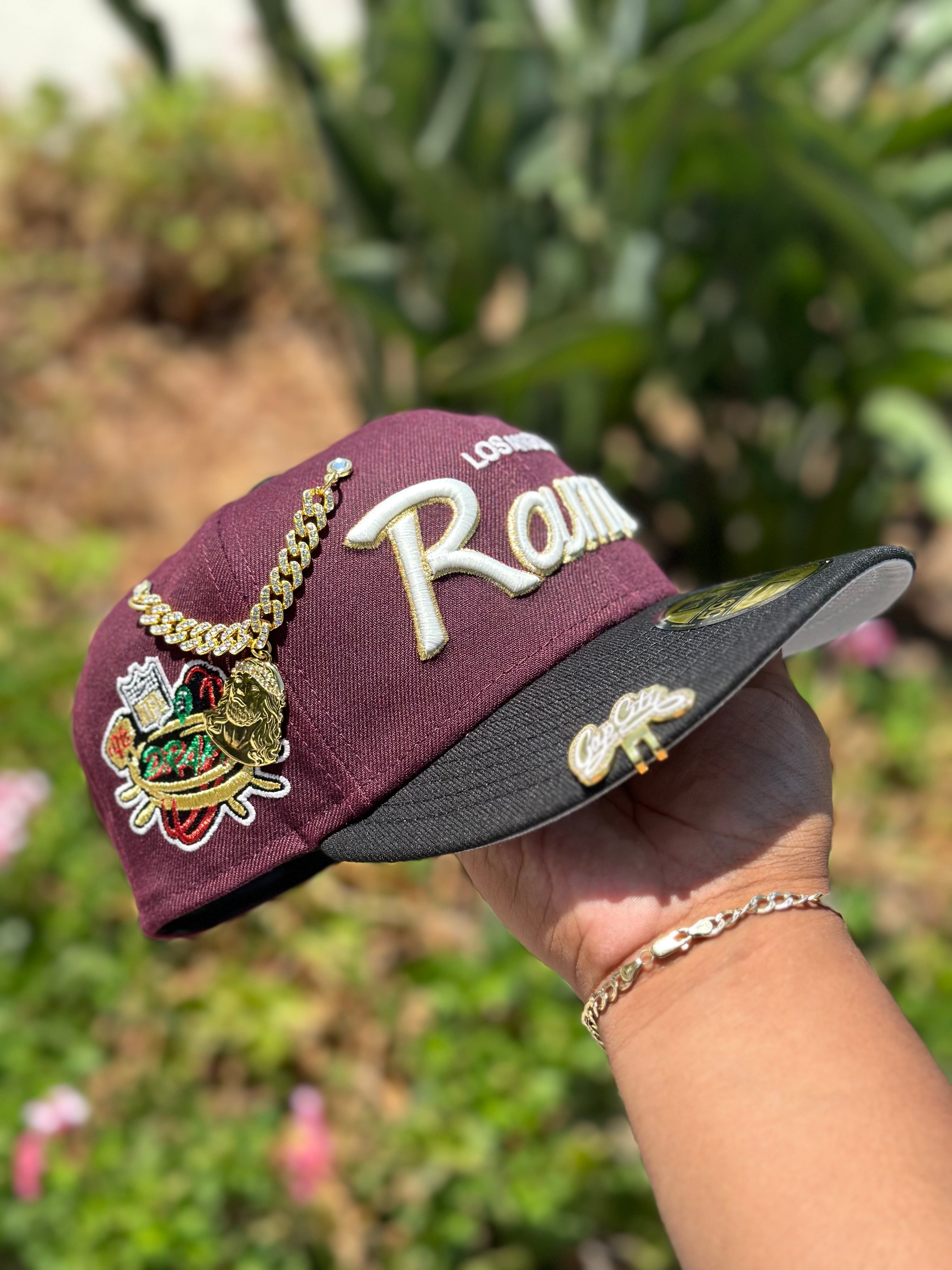 NEW ERA EXCLUSIVE 59FIFTY BURGUNDY/BLACK LOS ANGLES RAMS SCRIPT W/ "NFL DRAFT" SIDE PATCH