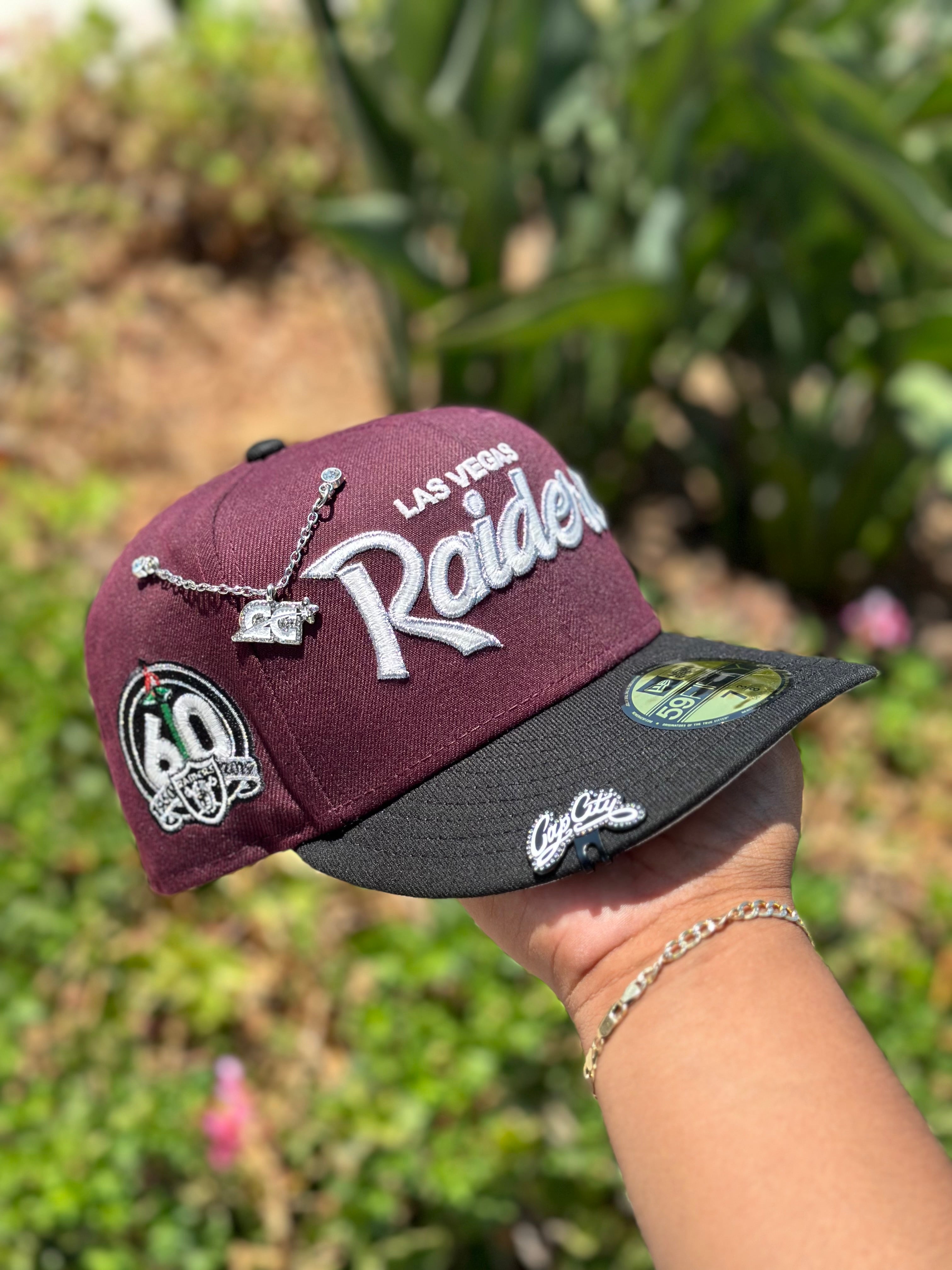 NEW ERA EXCLUSIVE 59FIFTY BURGUNDY/BLACK LAS VEGAS RAIDERS SCRIPT W/ 60TH ANNIVERSARY SIDE PATCH