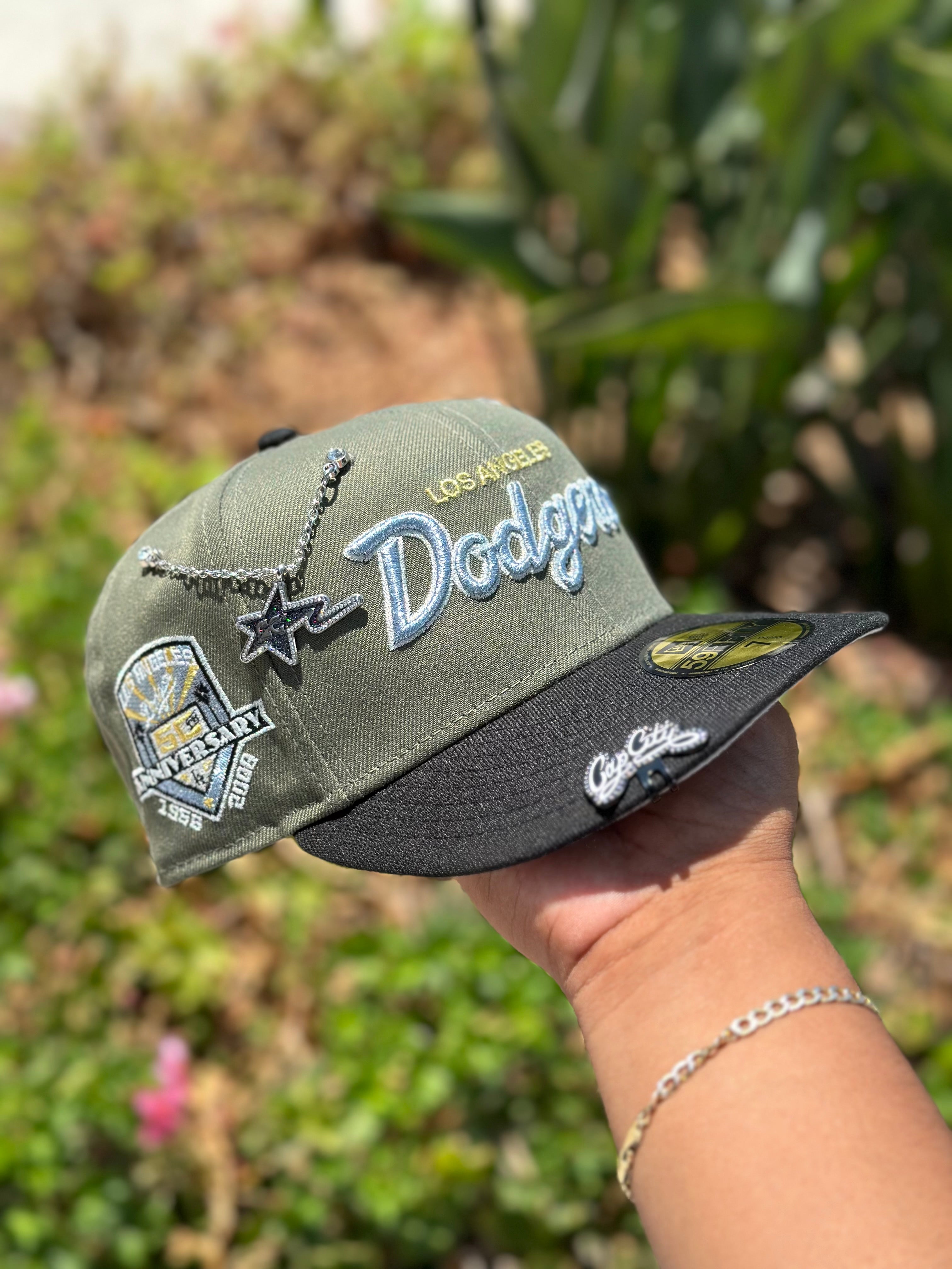 NEW ERA 59FIFTY OLIVE GREEN/BLACK LOS ANGELES DODGERS SCRIPT W/ 50TH ANNIVERSARY PATCH