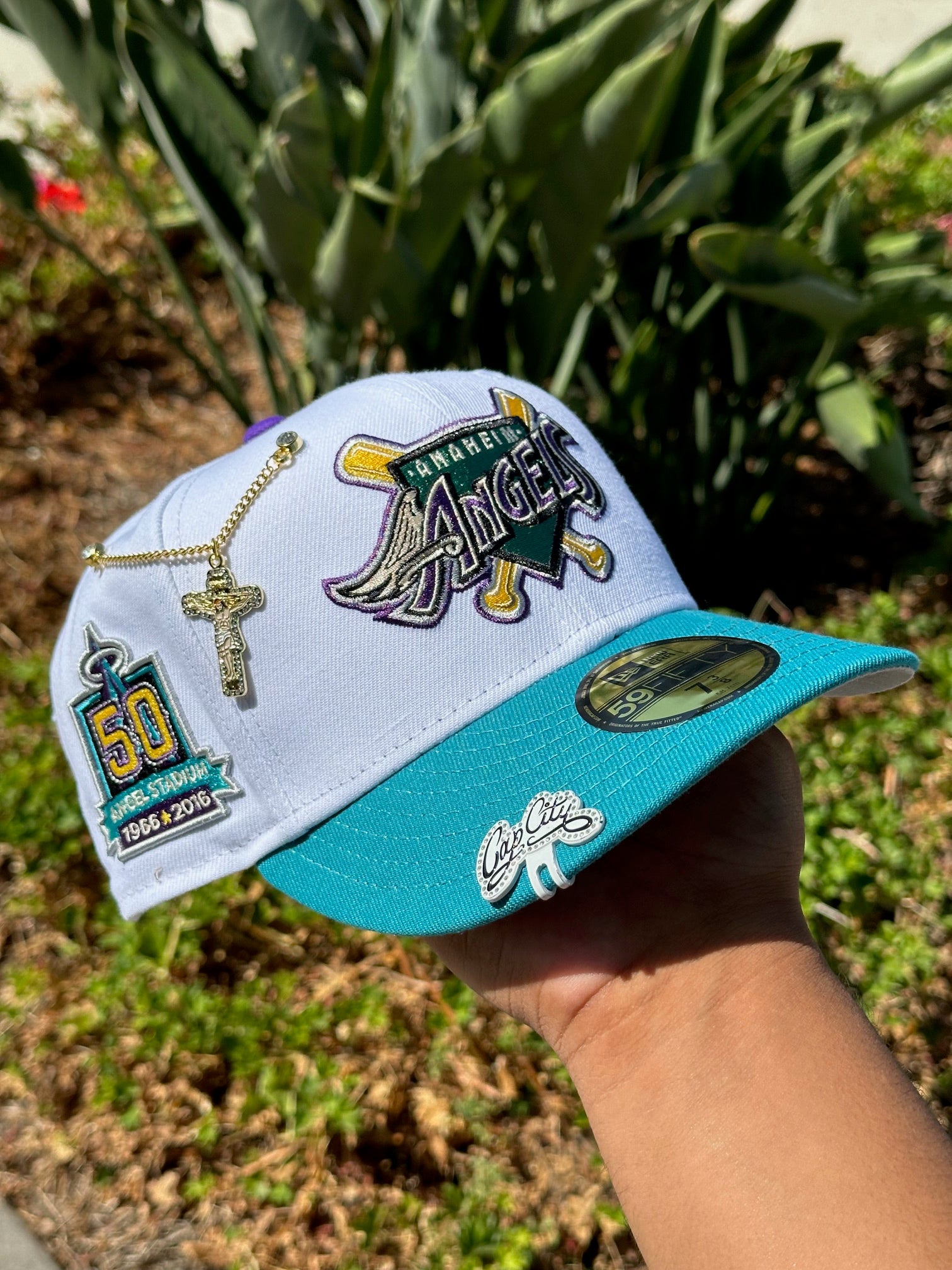 NEW ERA 59FIFY WHITE/TURQUOISE ANAHEIM ANGELS W/ 50TH ANNIVERSARY SIDE PATCH