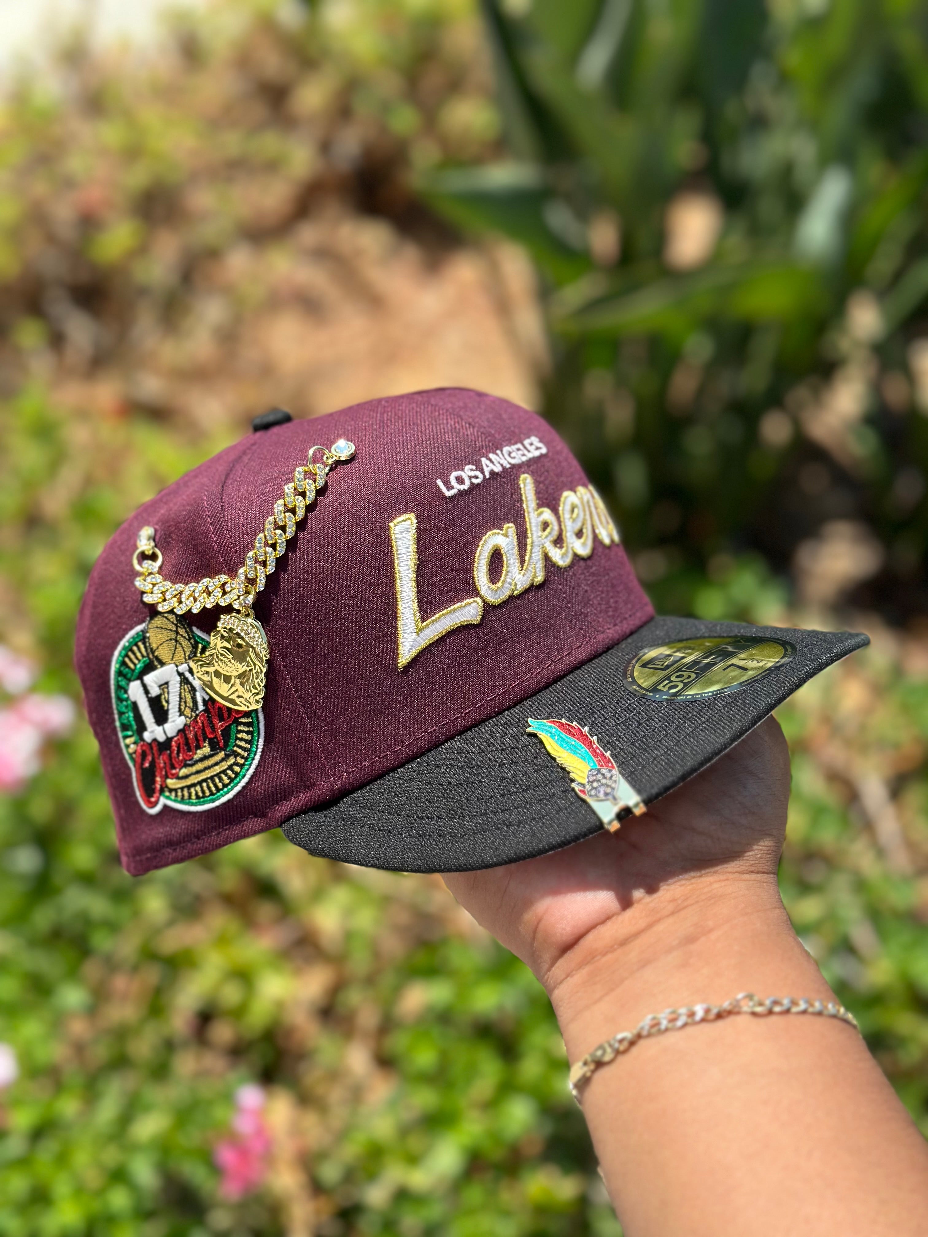 NEW ERA EXCLUSIVE 59FIFTY BURGUNDY/BLACK LOS ANGELES LAKERS SCRIPT W/ 17X CHAMPIONS SIDE PATCH