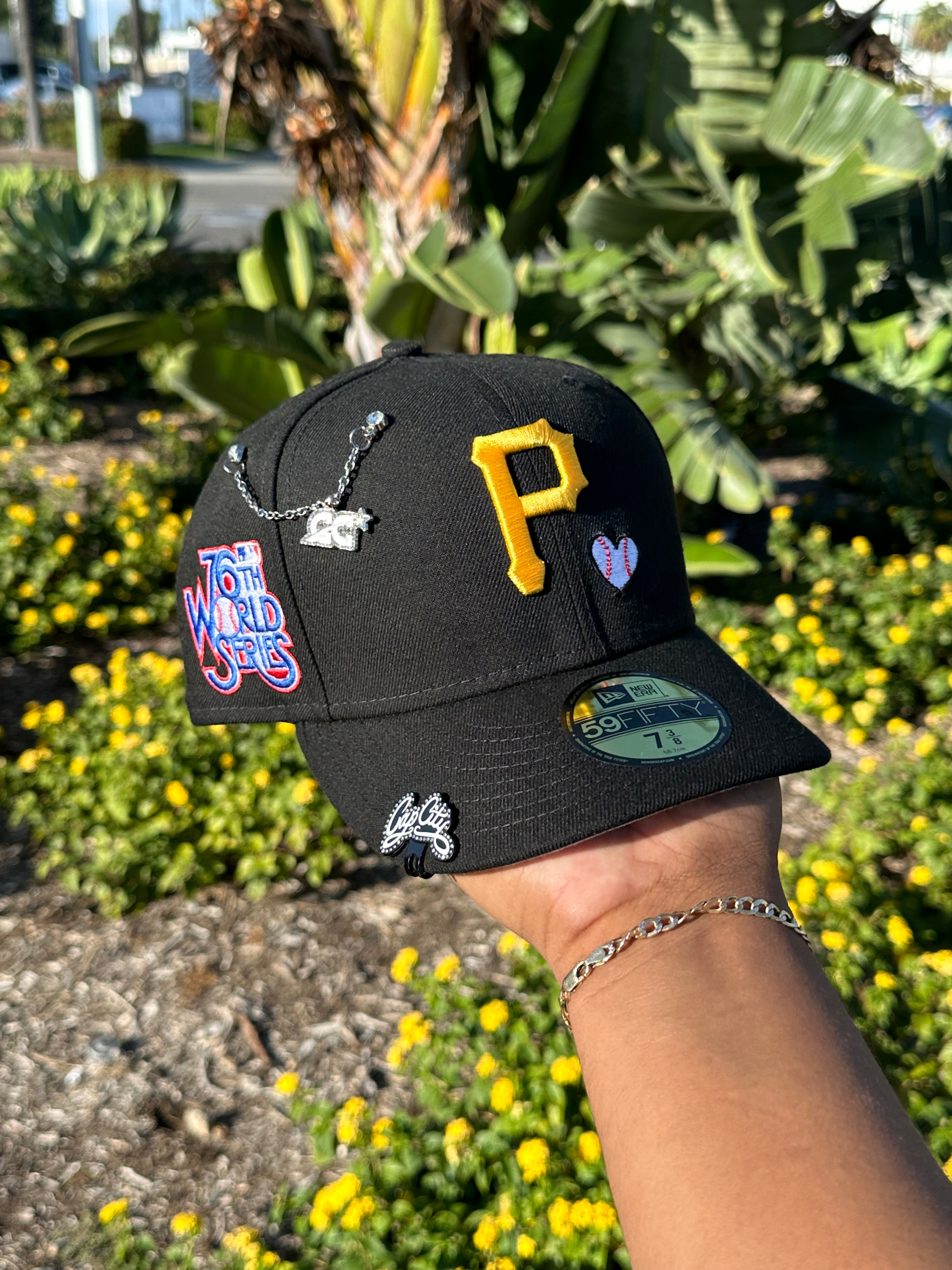 NEW ERA EXCLUSIVE 59FIFTY BLACK PITTSBURGH PIRATES LOVE & HUSTLE W/ 76