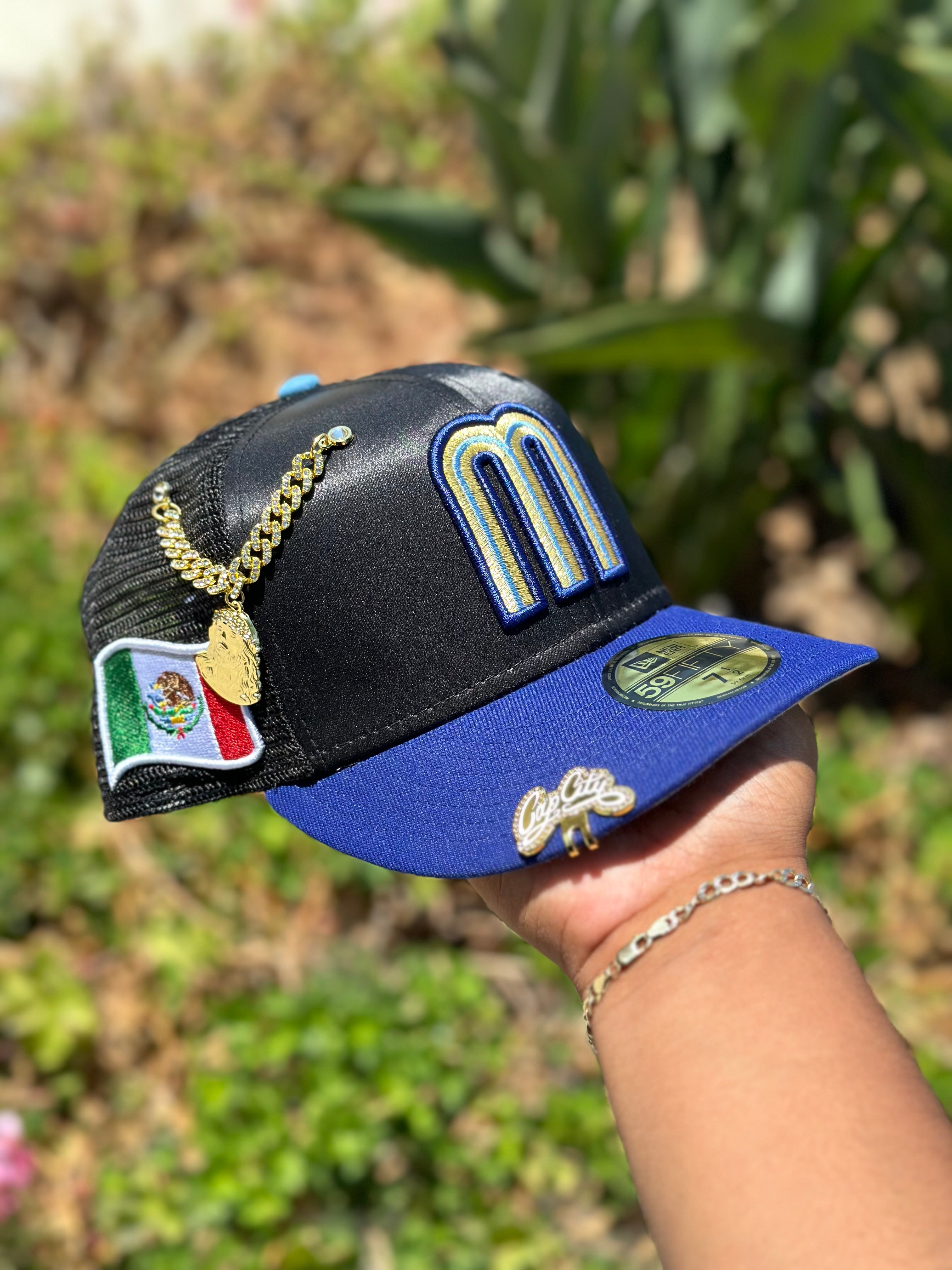 NEW ERA EXCLUSIVE 59FIFTY BLACK SATIN/BLUE MEXICO MESH BACK W/ MEXICO FLAG SIDE PATCH