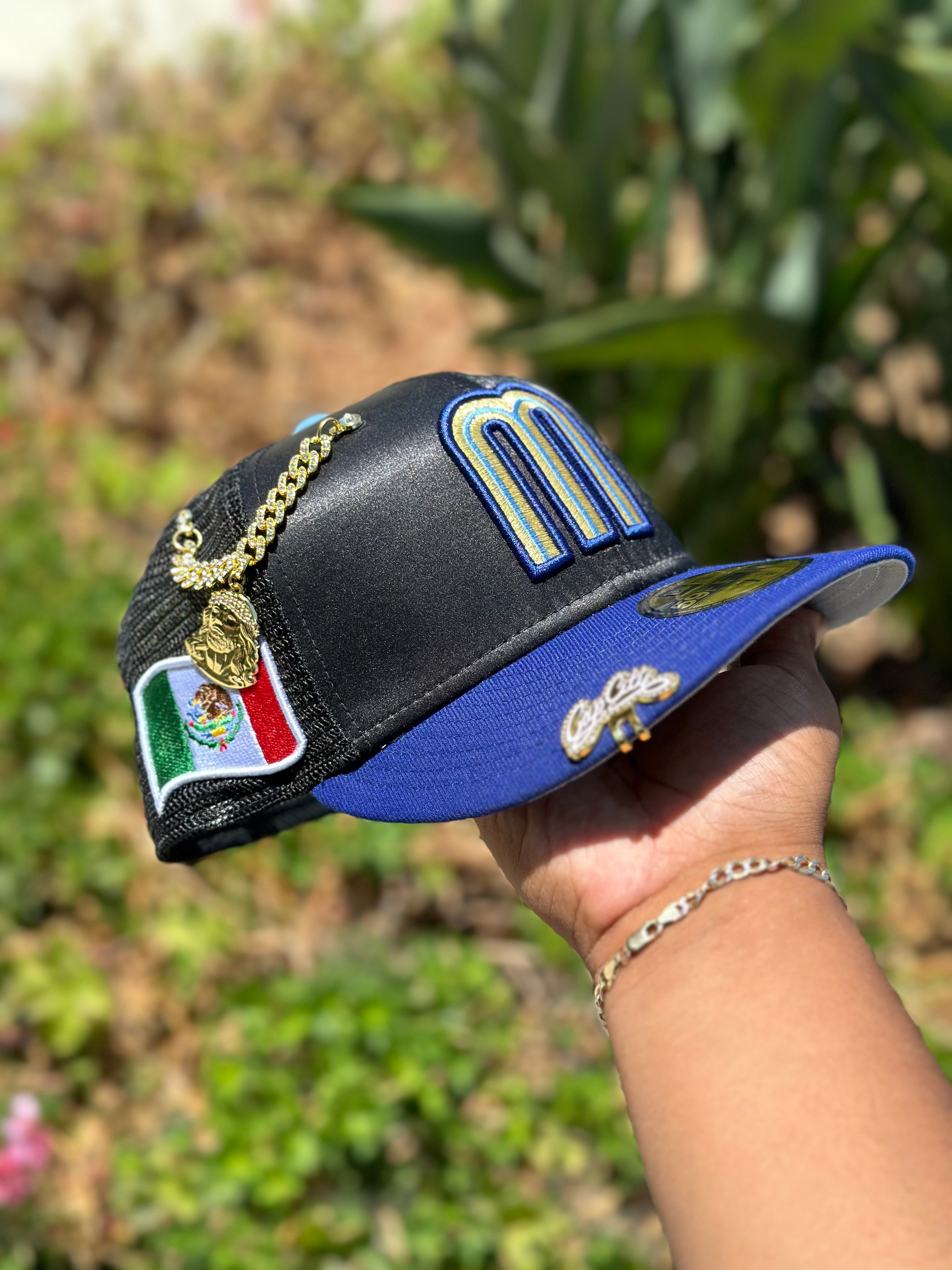 NEW ERA EXCLUSIVE 59FIFTY BLACK SATIN/BLUE MEXICO MESH BACK W/ MEXICO FLAG SIDE PATCH