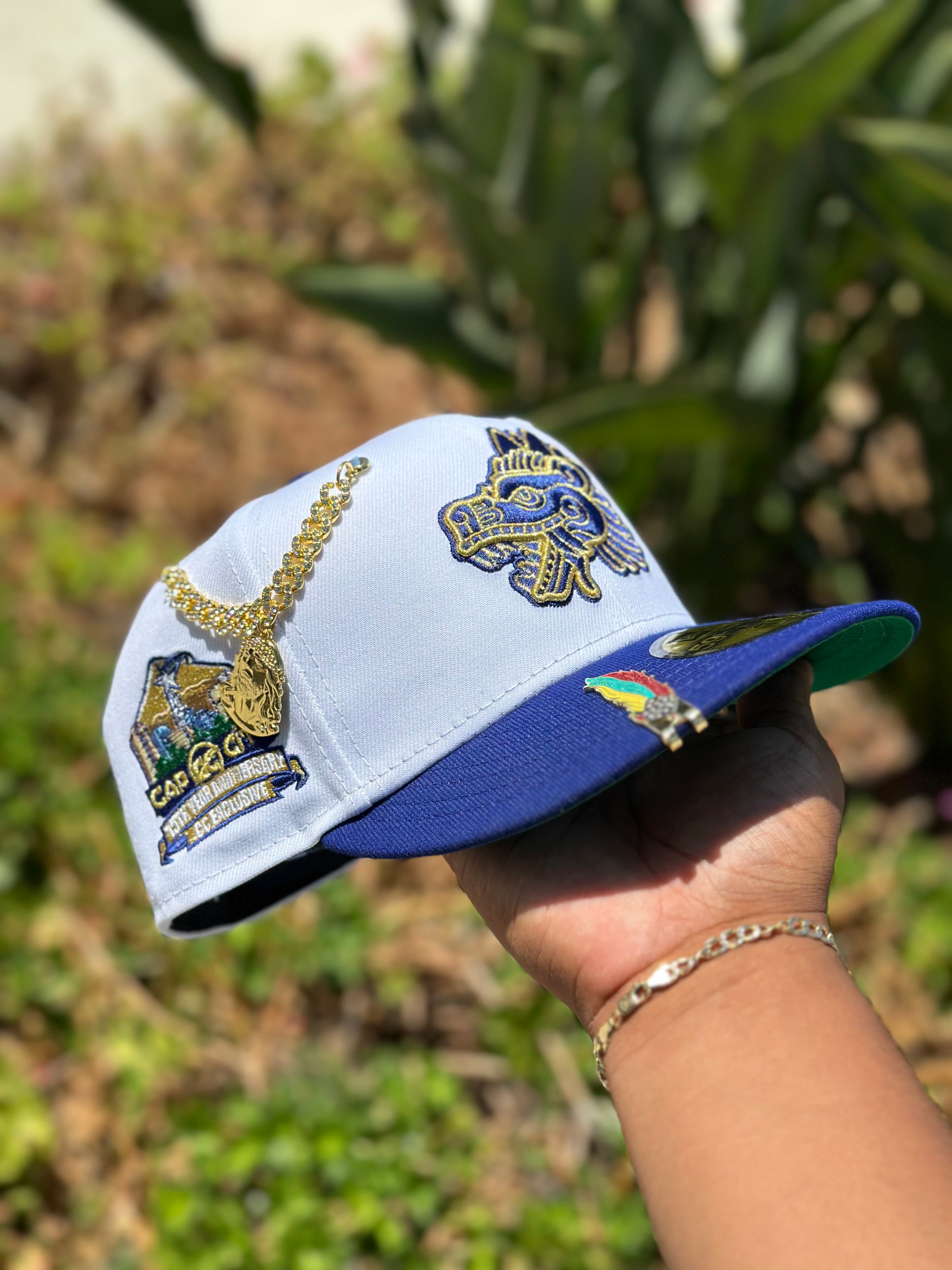 NEW ERA EXCLUSIVE 59FIFTY WHITE/BLUE MEXICO "QUETZALCOATL" W/ CAP CITY'S 15TH ANNIVERSARY  SIDE PATCH