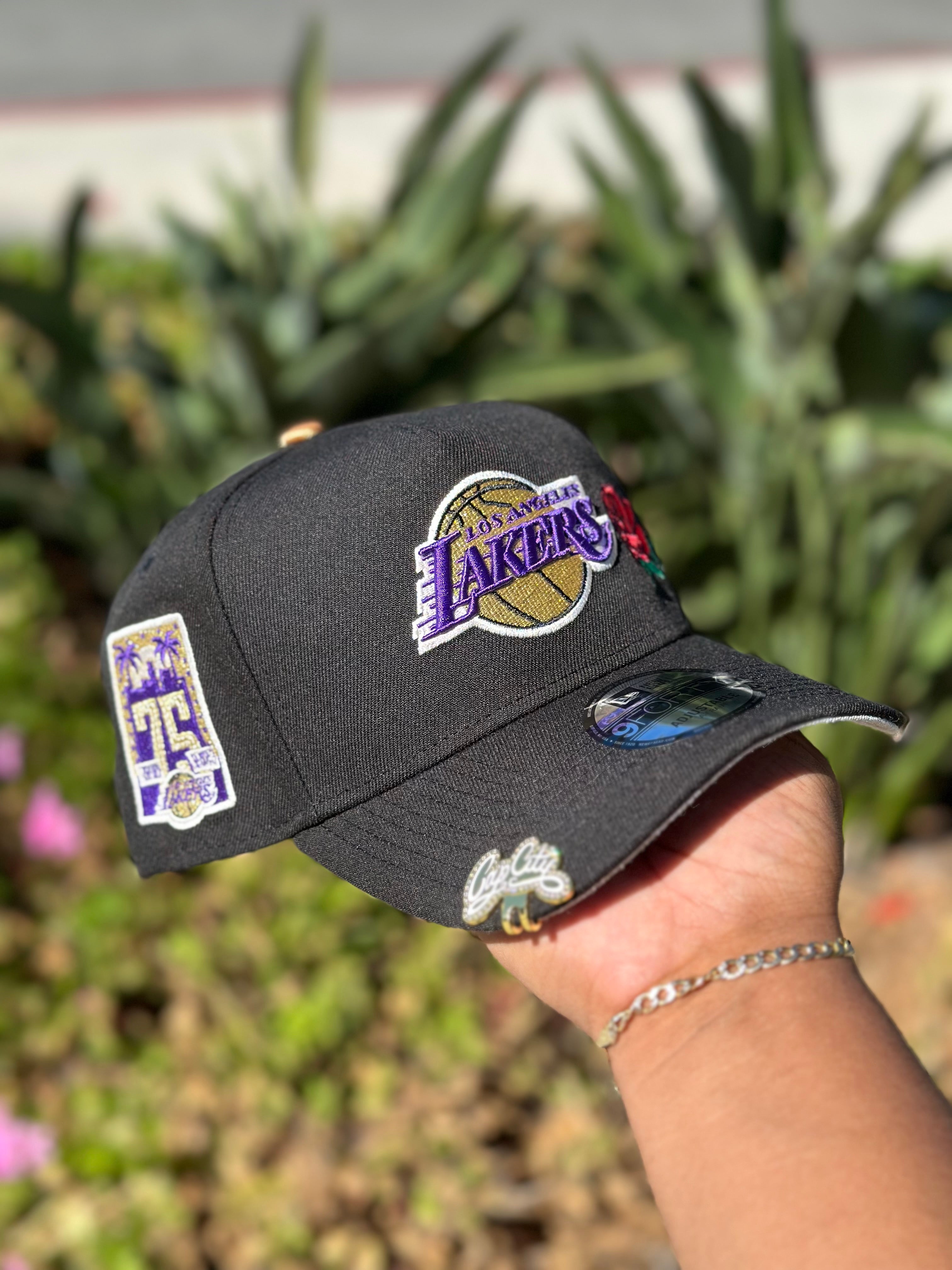 NEW ERA EXCLUSIVE 9FORTY A-FRAME BLACK LOS ANGELES LAKERS W/ ROSE + 75TH ANNIVERSARY SIDE PATCH