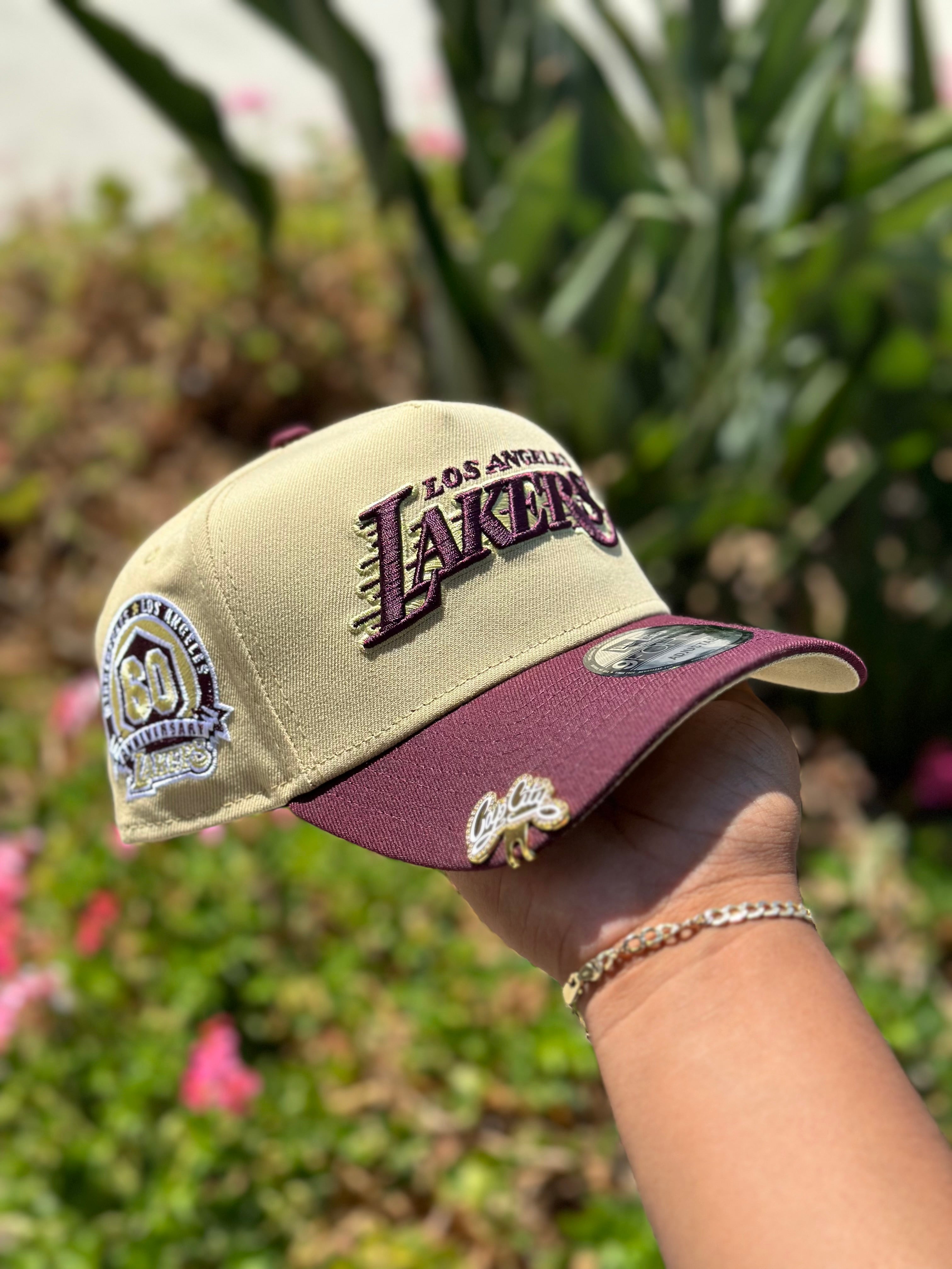 NEW ERA EXCLUSIVE 9FORTY A-FRAME VEGAS GOLD/MAROON LOS ANGELES LAKERS SCRIPT W/ 60TH ANNIVERSARY SIDE PATCH