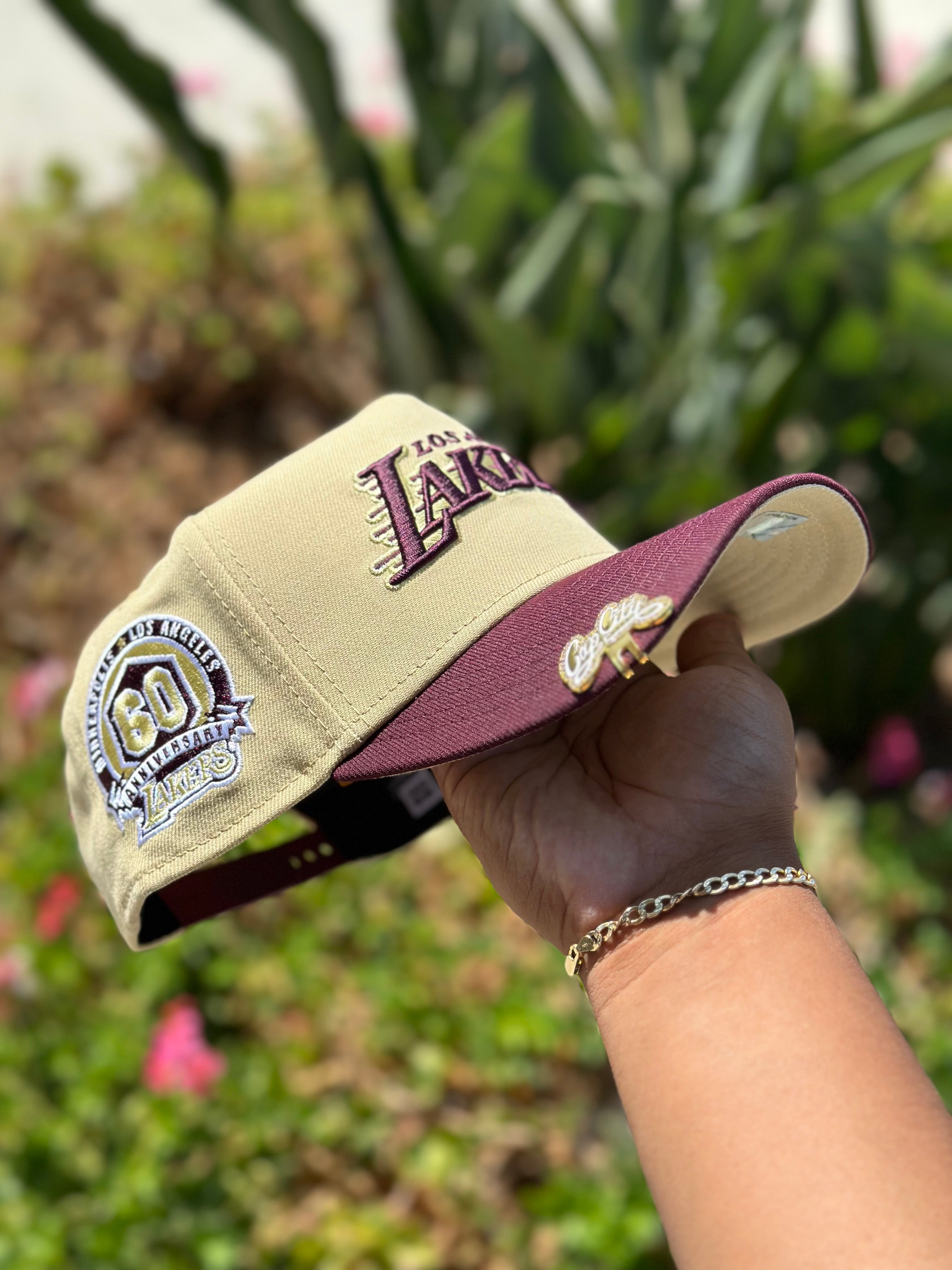 NEW ERA EXCLUSIVE 9FORTY A-FRAME VEGAS GOLD/MAROON LOS ANGELES LAKERS SCRIPT W/ 60TH ANNIVERSARY SIDE PATCH