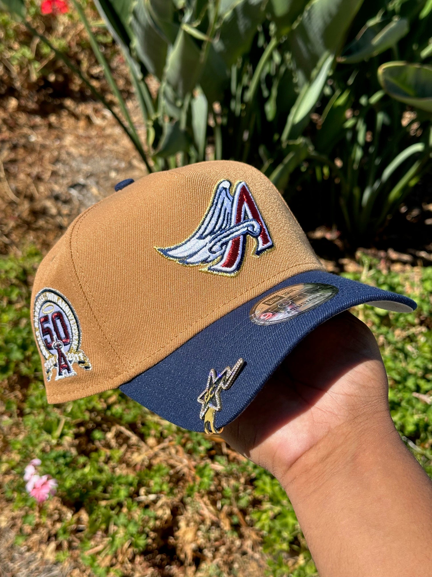 NEW ERA EXCLUSIVE 9FORTY A-FRAME KHAKI/NAVY ANAHEIM ANGELS W/ 50TH ANNIVERSARY SIDE PATCH