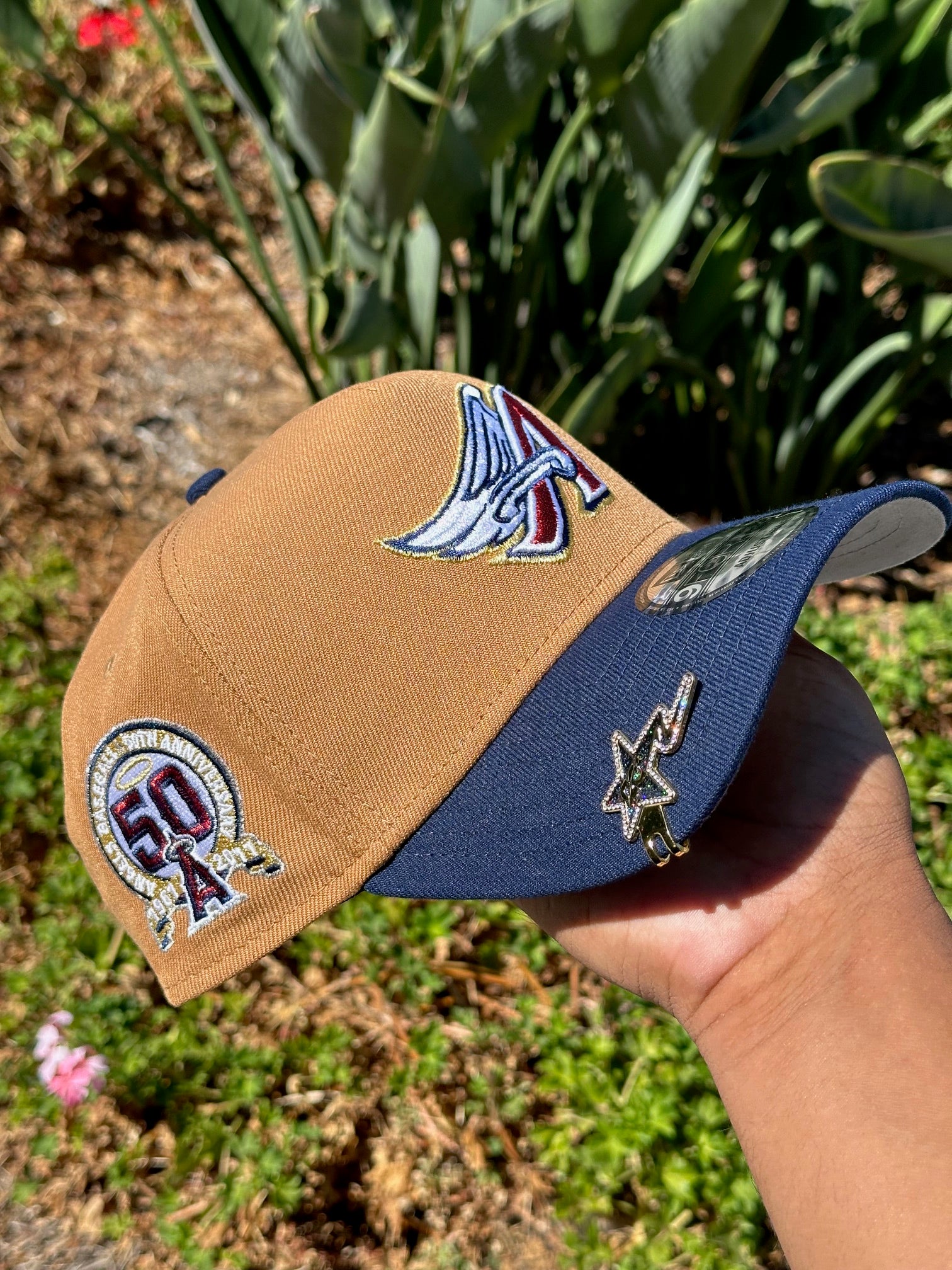 NEW ERA EXCLUSIVE 9FORTY A-FRAME KHAKI/NAVY ANAHEIM ANGELS W/ 50TH ANNIVERSARY SIDE PATCH