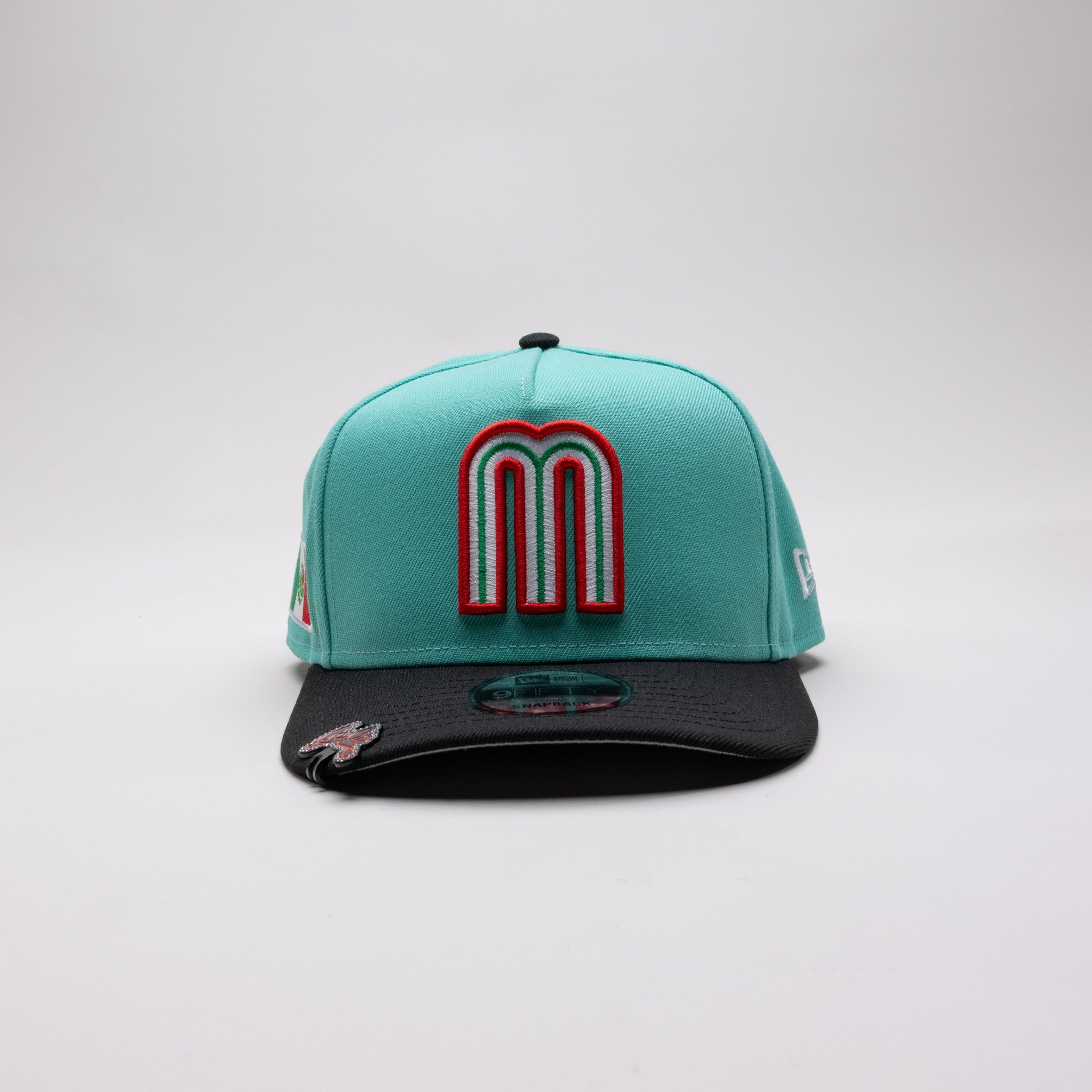 NEW ERA EXCLUSIVE 9FIFTY A-FRAME TURQUOISE/ BLACK MEXICO W/ MEXICO FLAG SIDE PATCH