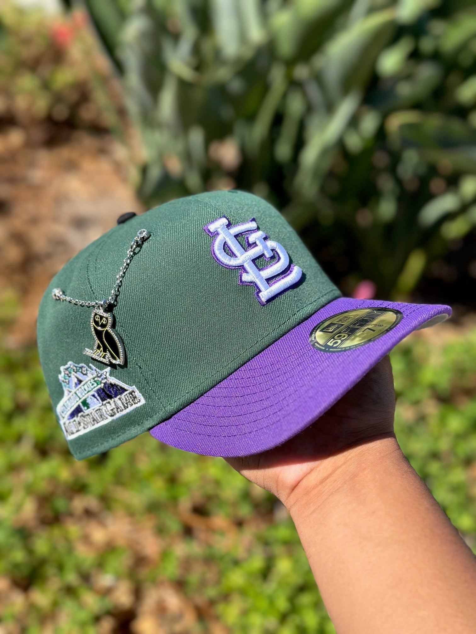 NEW ERA EXCLUSIVE 59FIFTY DARK GREEN/PURPLE ST LOUIS CARDINALS W/ 1998 ALL STAR GAME SIDE PATCH