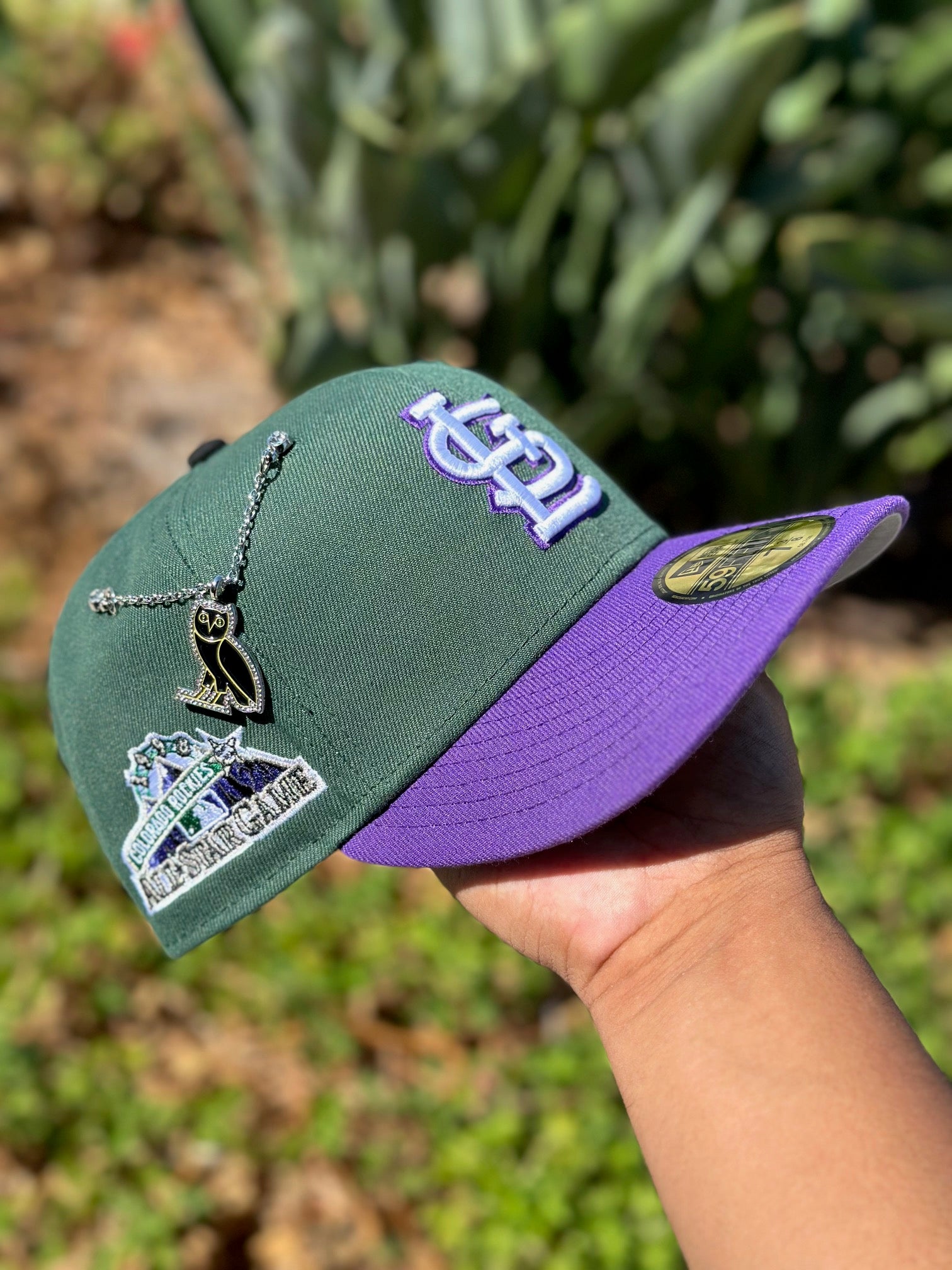 NEW ERA EXCLUSIVE 59FIFTY DARK GREEN/PURPLE ST LOUIS CARDINALS W/ 1998 ALL STAR GAME SIDE PATCH