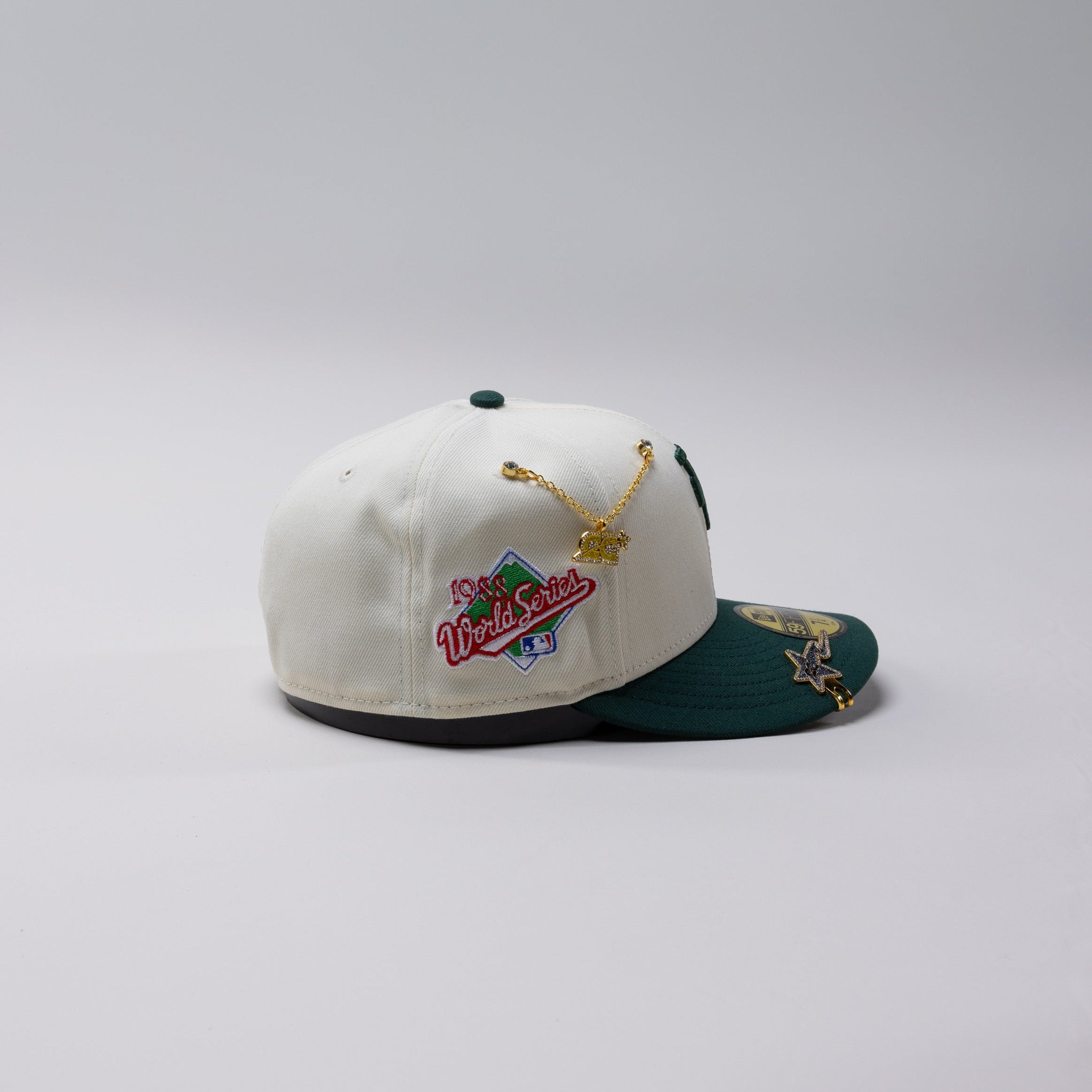 NEW ERA EXCLUSIVE 59FIFTY CHROME/ FOREST GREEN UPSIDE DOWN LOS ANGELES DODGERS W/ 1988 WORLD SERIES SIDE PATCH