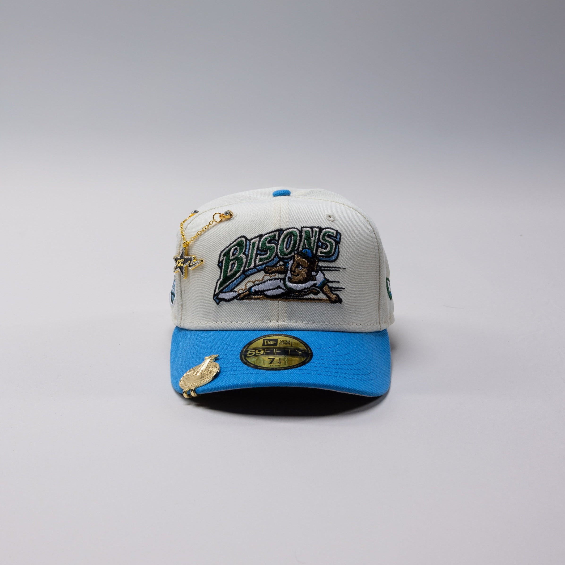 NEW ERA EXCLUSIVE 59FIFTY CHROME/ ICY BLUE BUFFALO BISONS W/ "BISONS" SIDE PATCH