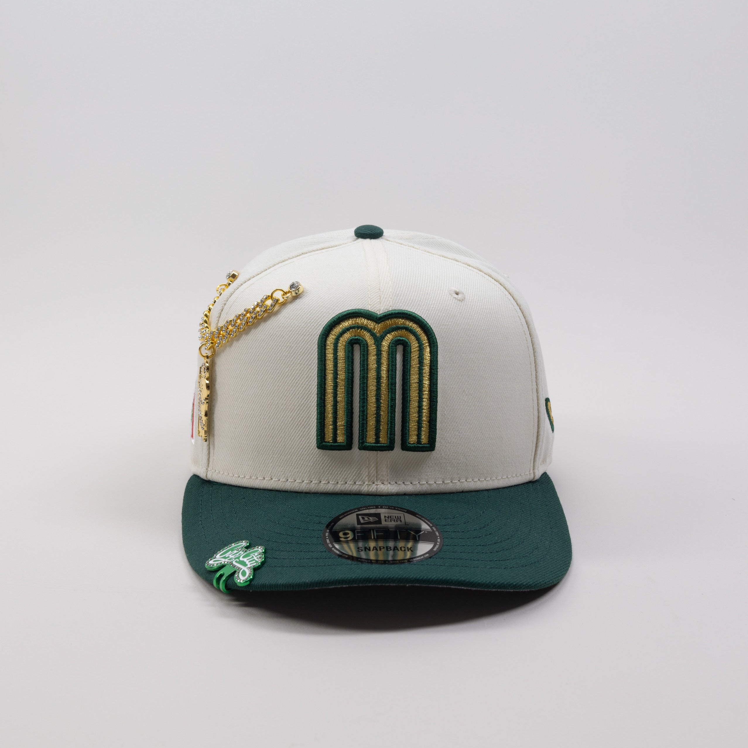 NEW ERA EXCLUSIVE 9FIFTY CHROME WHITE/FOREST GREEN MEXICO SNAPBACK W/ MEXICO FLAG SIDE PATCH