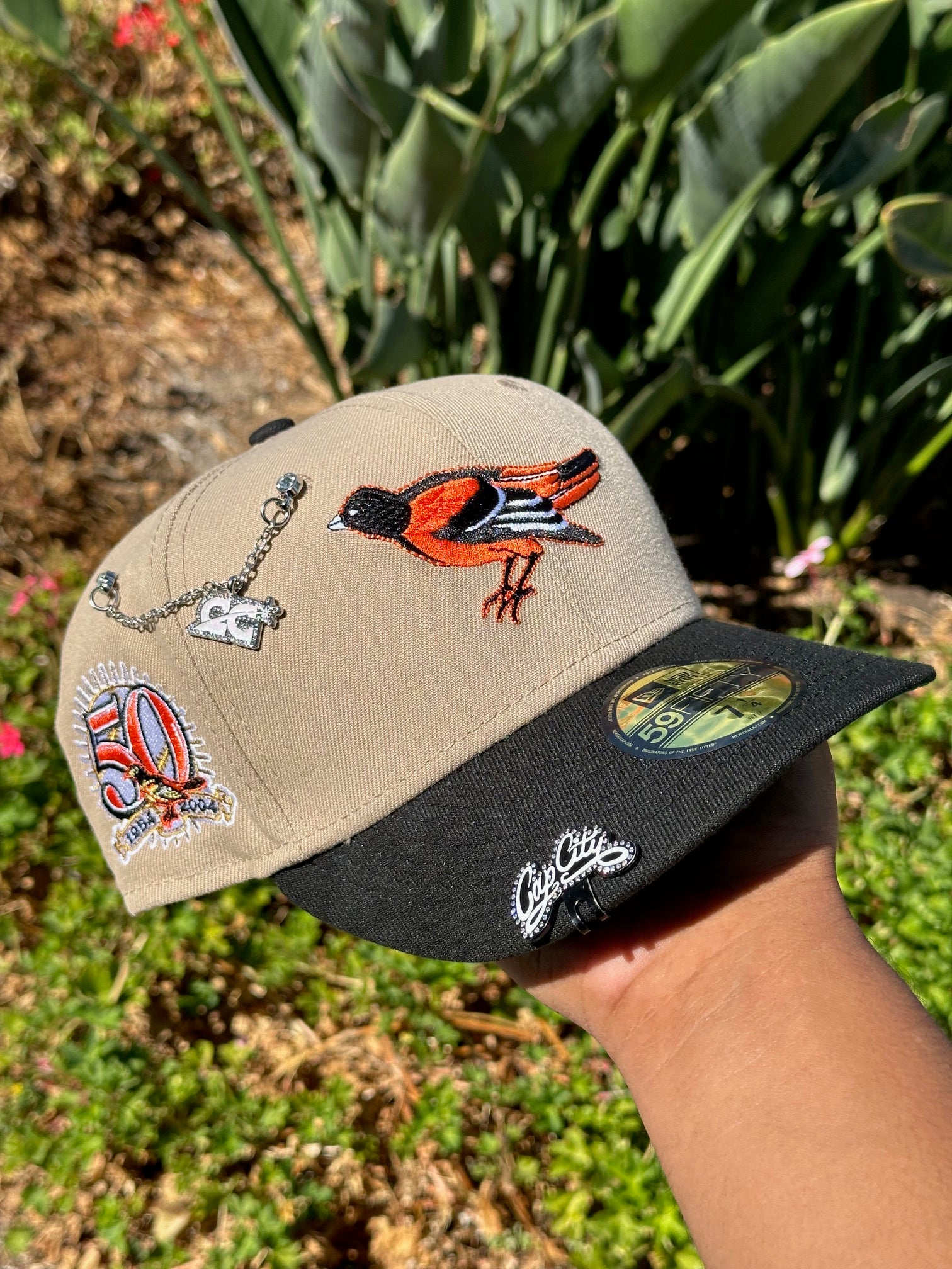 NEW ERA EXCLUSIVE 59FIFTY CAMEL BROWN/BLACK BALTIMORE ORIOLES W/ 50TH ANNIVERSARY PATCH