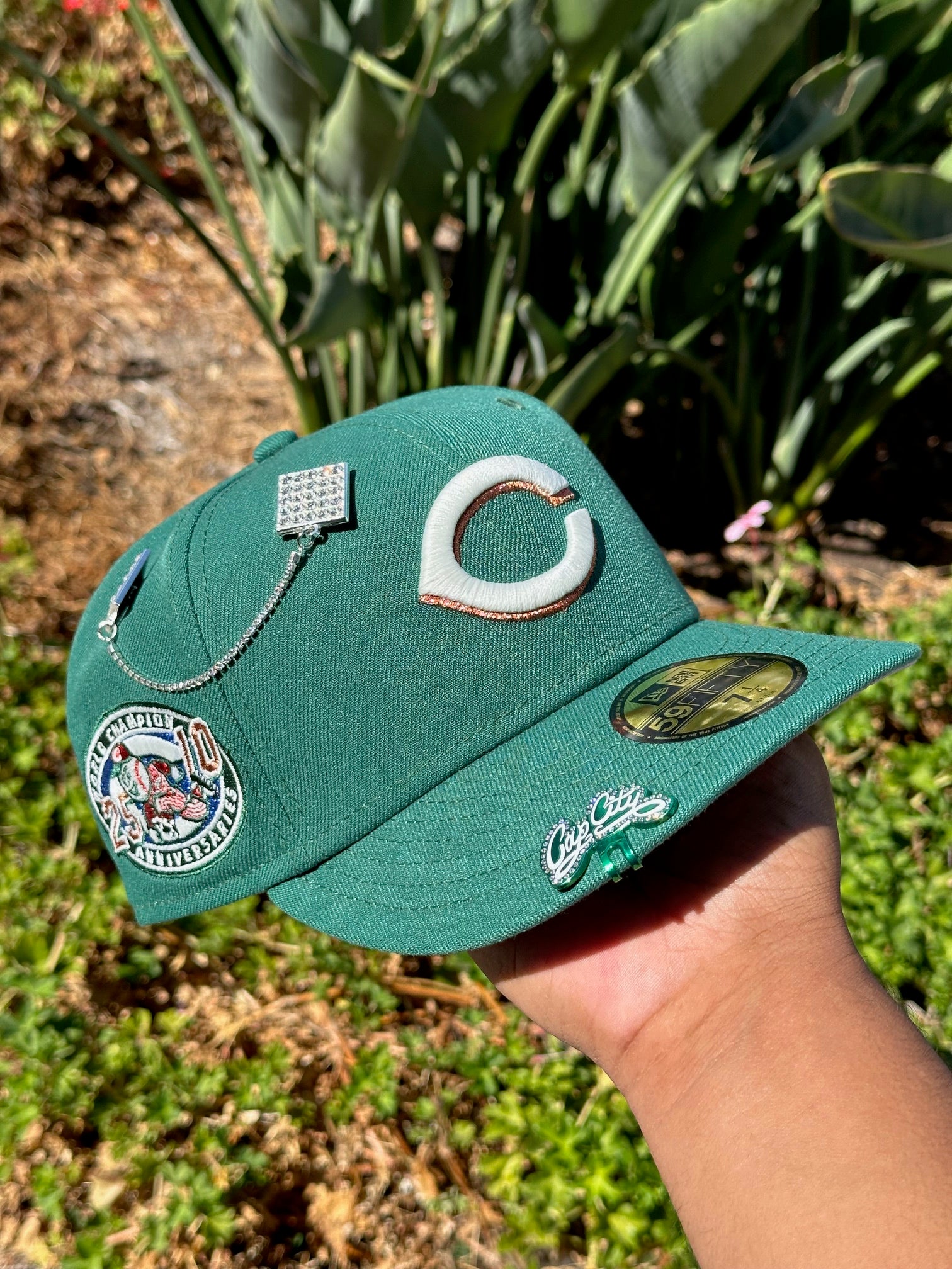 NEW ERA EXCLUSIVE 59FIFTY PINE GREEN CINCINNATI REDS W/ 25TH ANNIVERSARY SIDE PATCH