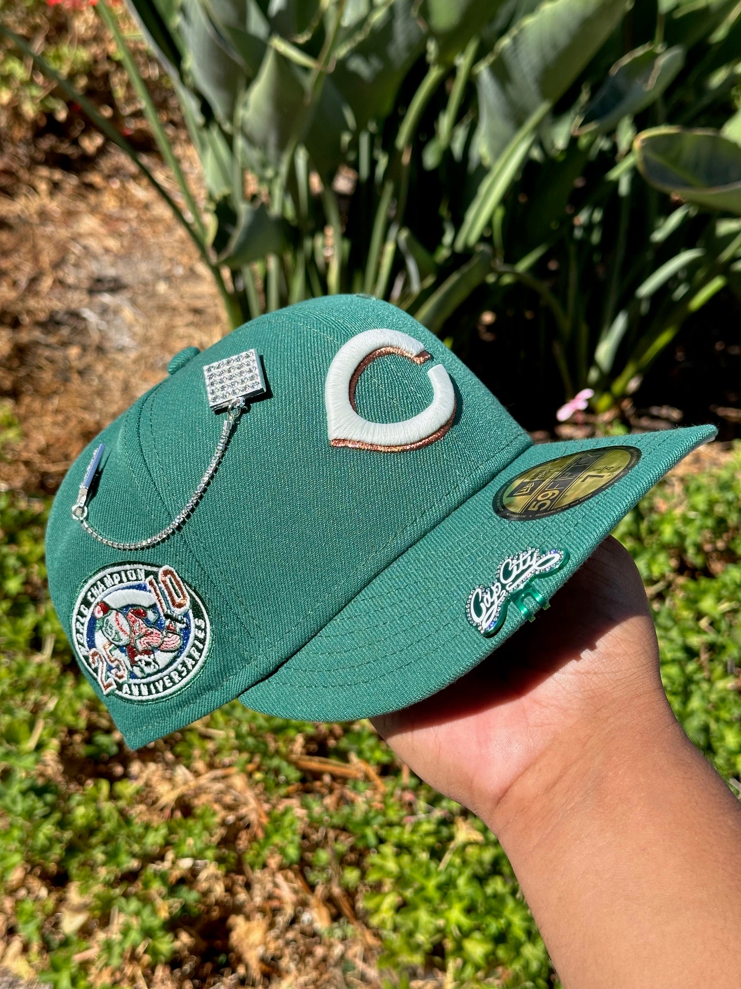 NEW ERA EXCLUSIVE 59FIFTY PINE GREEN CINCINNATI REDS W/ 25TH ANNIVERSARY SIDE PATCH