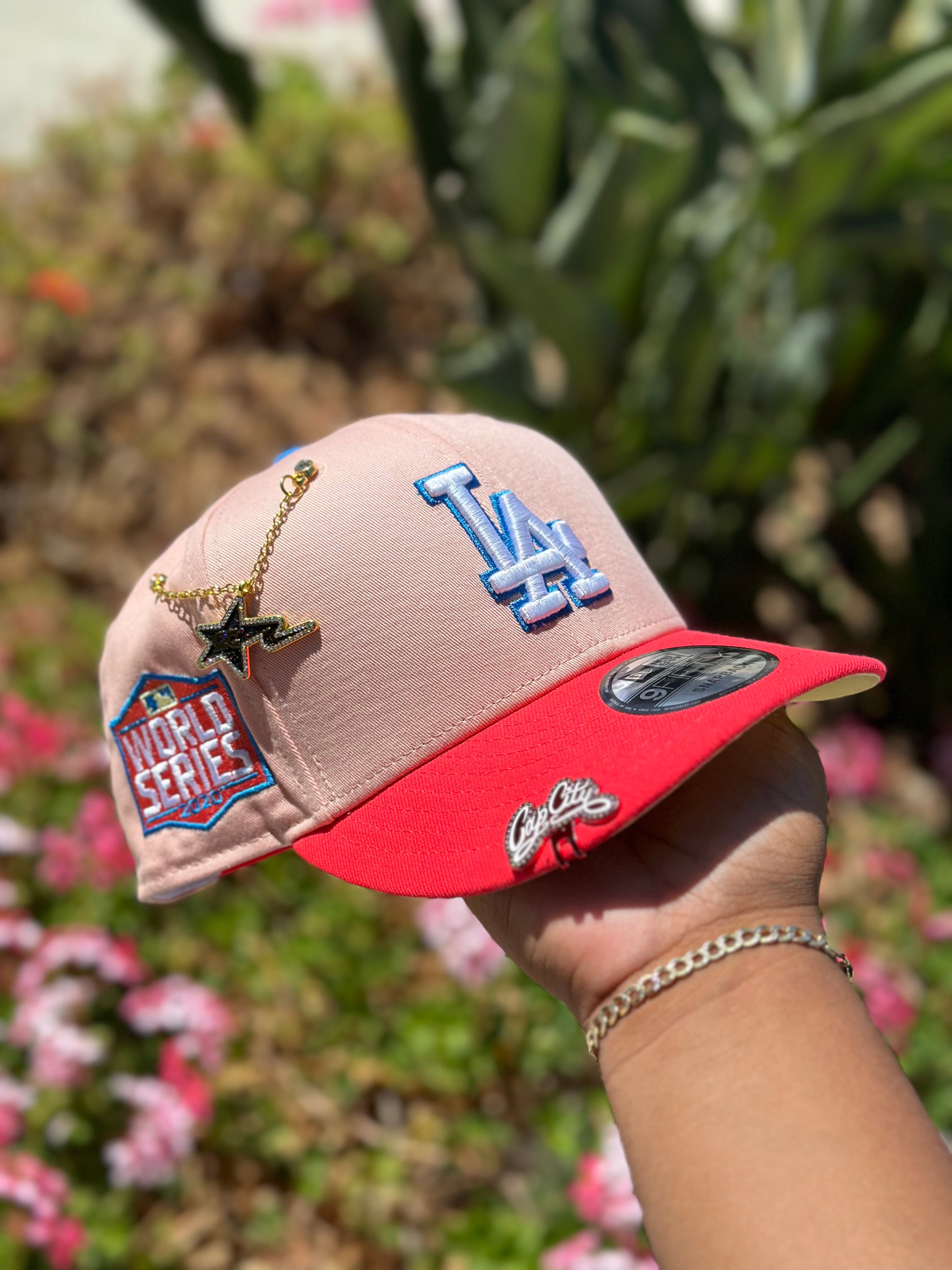 NEW ERA EXCLUSIVE 9FIFTY BLUSH/LAVA RED LOS ANGELES DODGERS SNAPBACK W/ 2020 WORLD SERIES SIDE PATCH