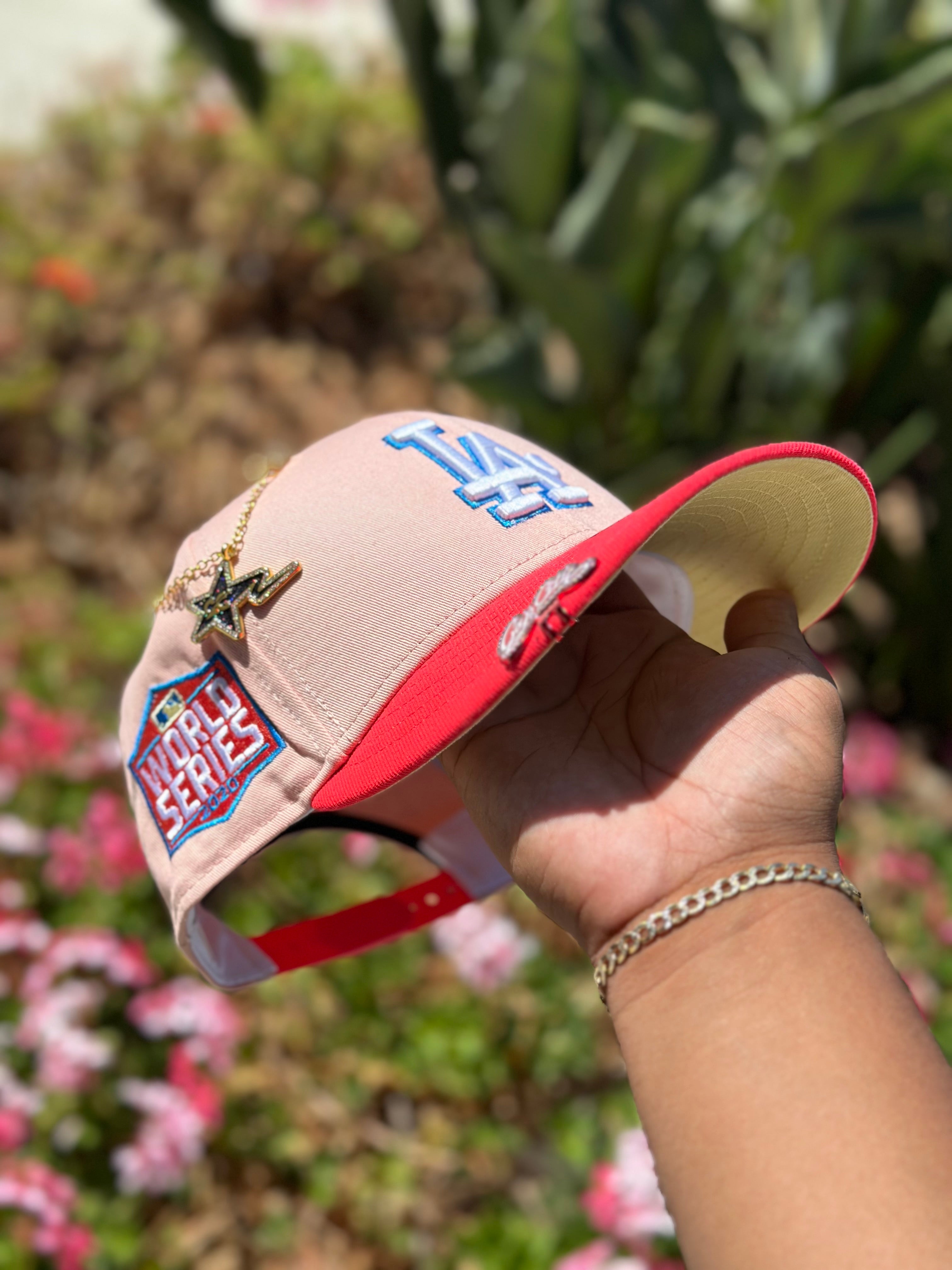 NEW ERA EXCLUSIVE 9FIFTY BLUSH/LAVA RED LOS ANGELES DODGERS SNAPBACK W/ 2020 WORLD SERIES SIDE PATCH