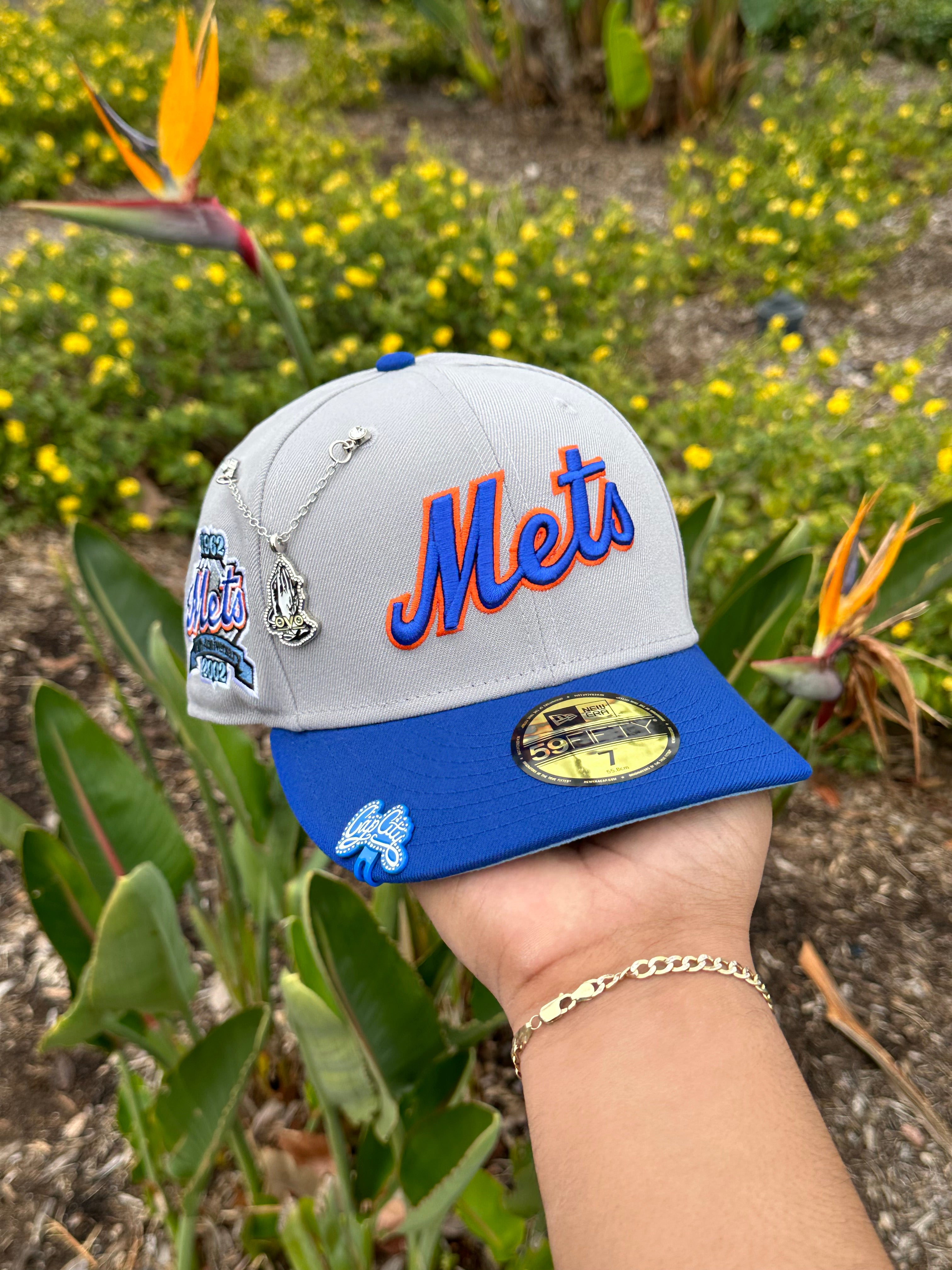 NEW ERA EXCLUSIVE 59FIFTY STONE GRAY/BLUE NEW YORK METS SCRIPT W/ 40TH  ANNIVERSARY SIDE PATCH